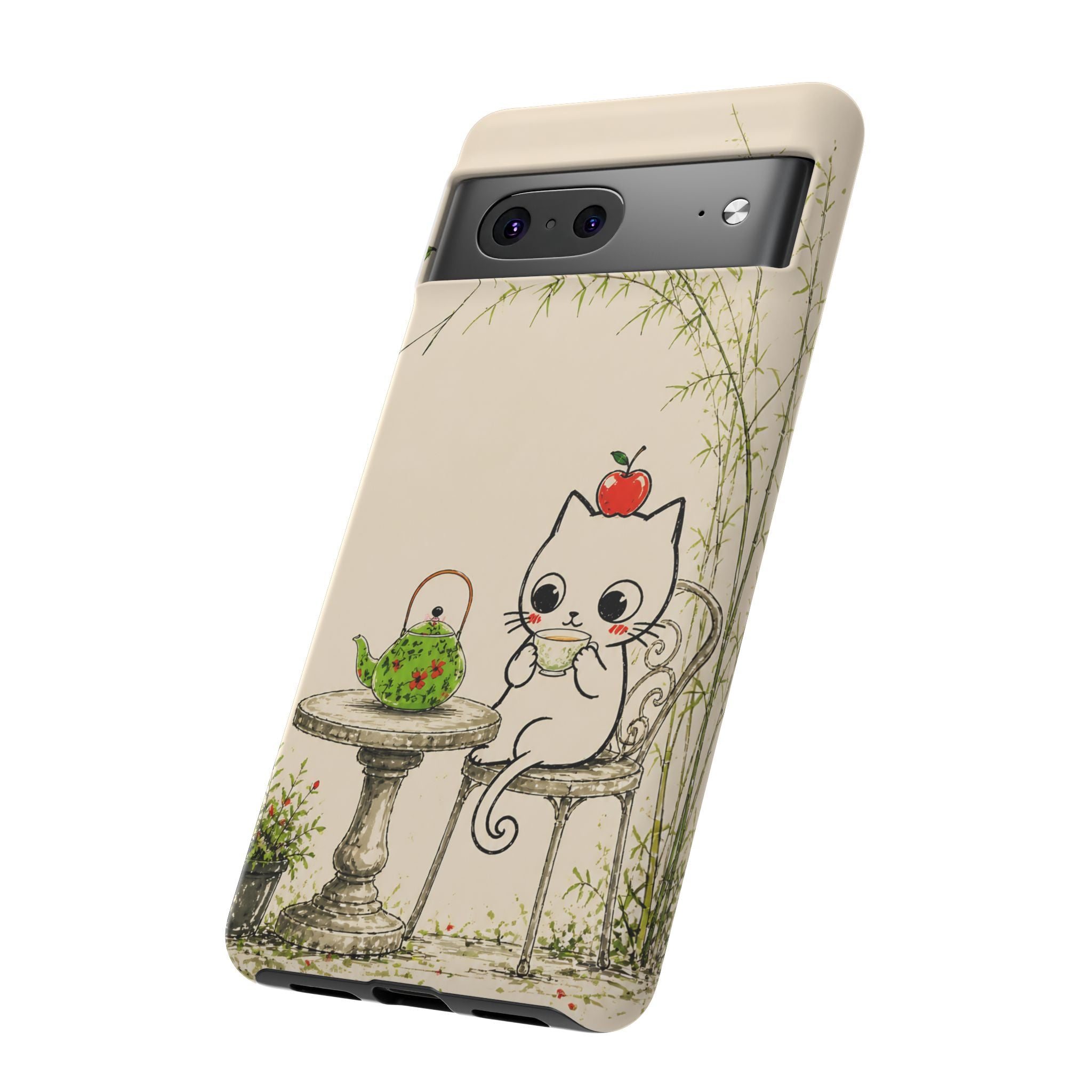 Cute Cat Tea Time Google Pixel Phone Case | Kawaii Kitten with Apple Design
