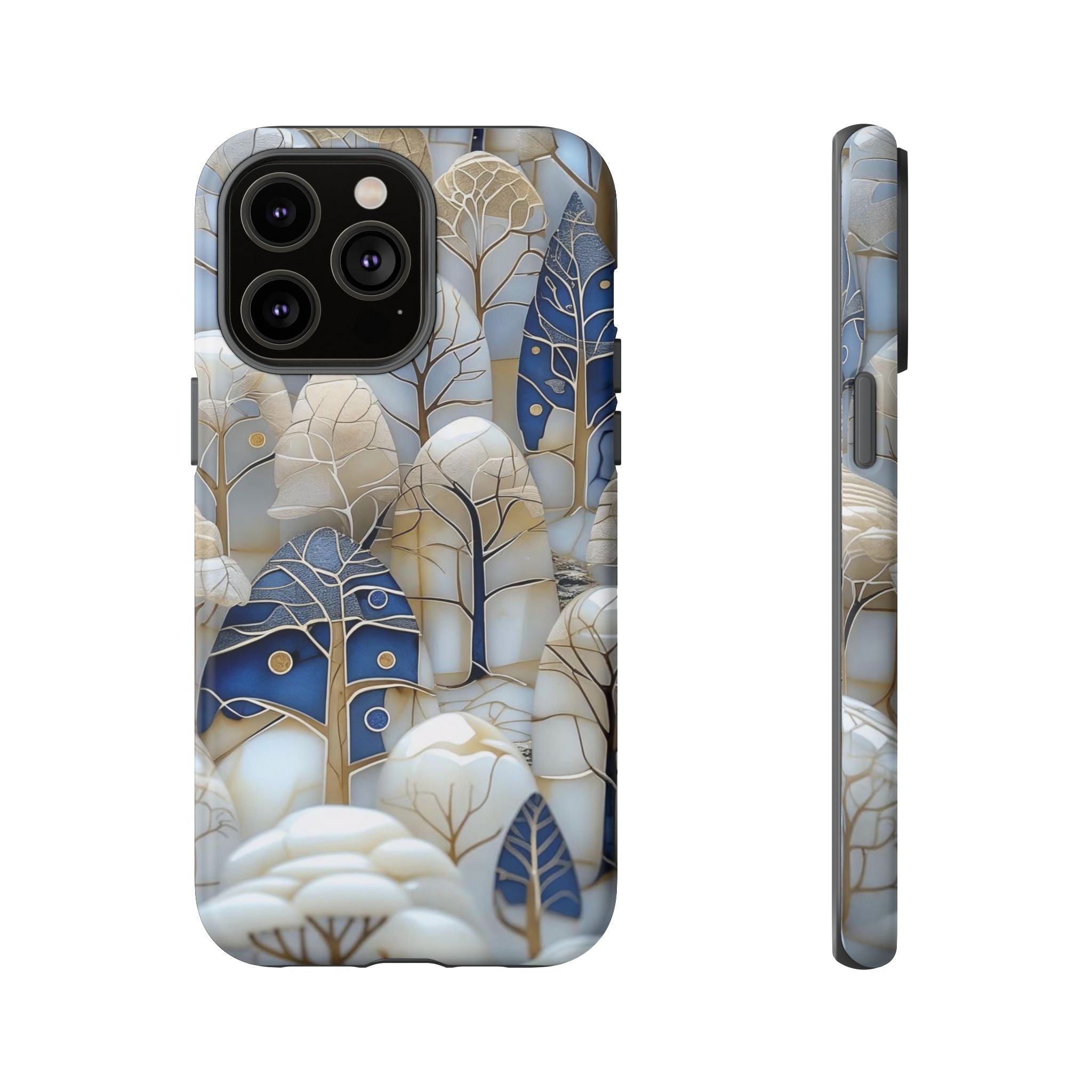 Blue Gold Winter Forest iPhone Case — Elegant Tree Pattern Tough Case