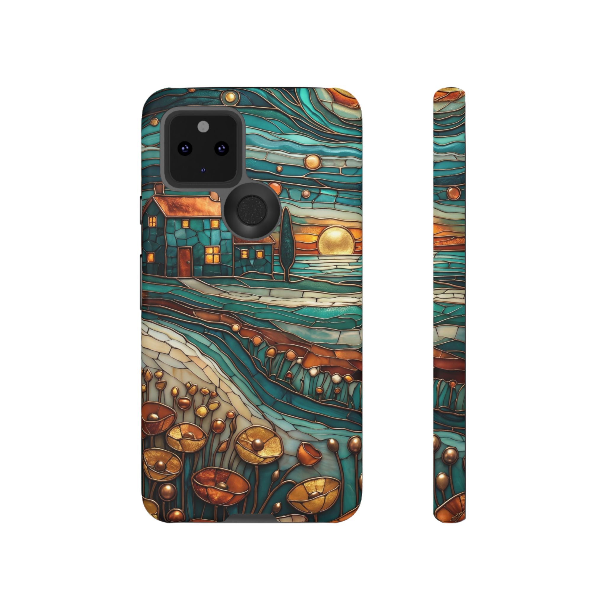 Artistic Sunset Cottage Google Pixel Case | Whimsical Floral Landscape Protective Cover
