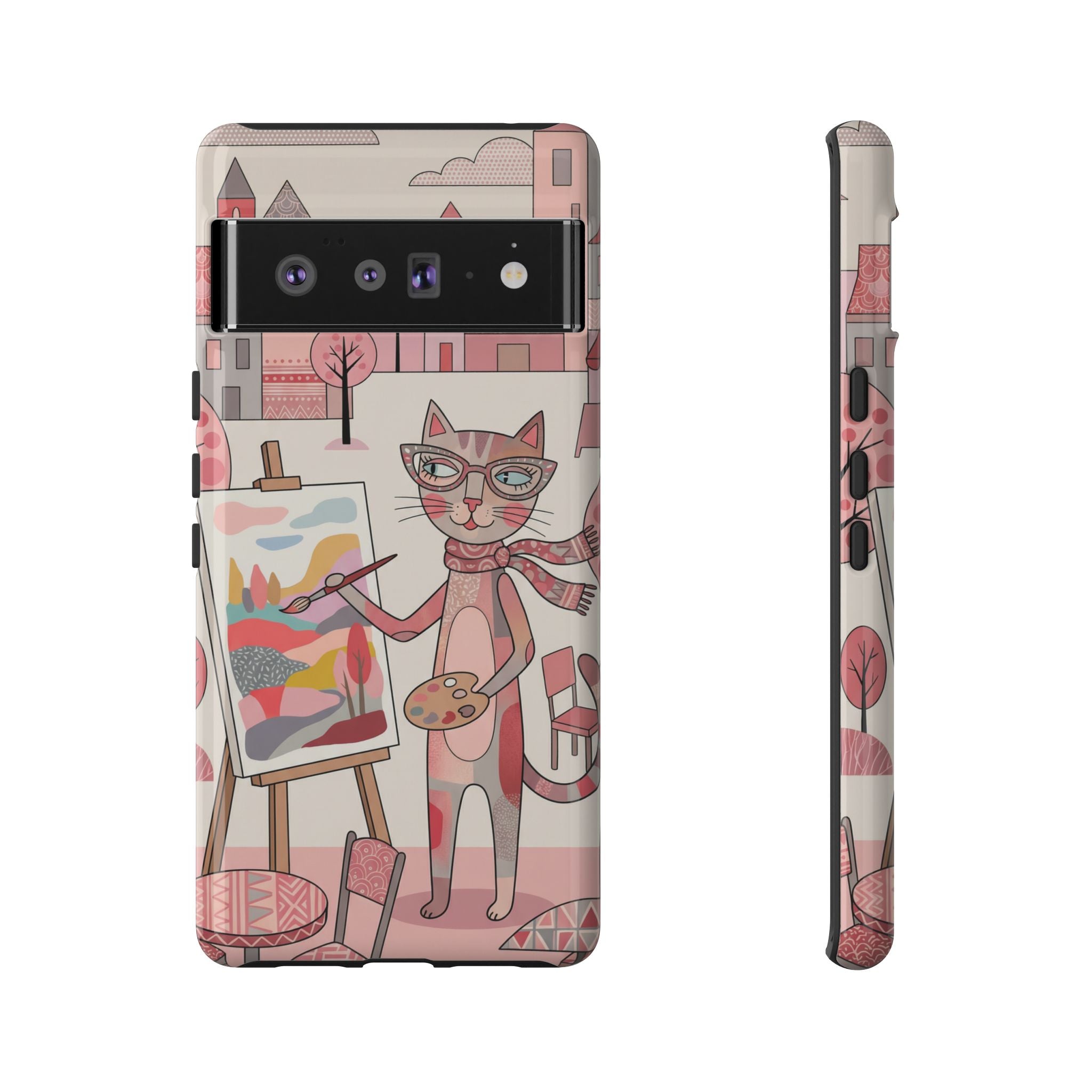 Artistic Cat Google Pixel Phone Case | Painter Kitty Illustration Tough Case
