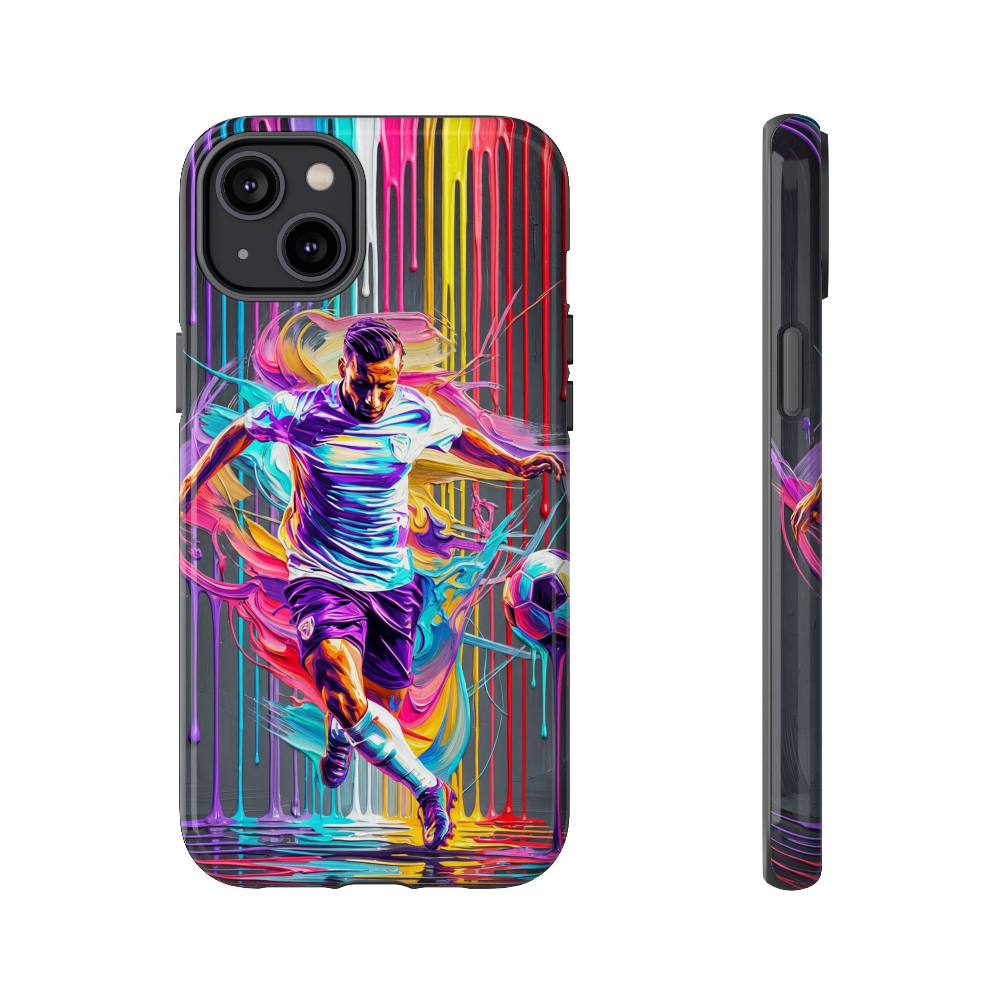 Soccer Player Neon Art iPhone Case | Vibrant Football Kick Protective Cover