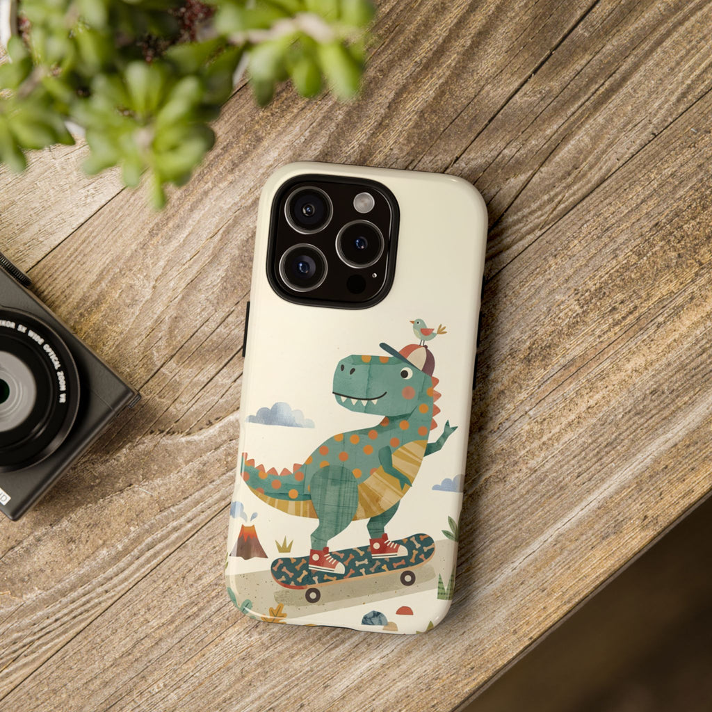Cute Skateboarding Dinosaur Tough iPhone Case | Vintage Kid Aesthetic T Rex Cover