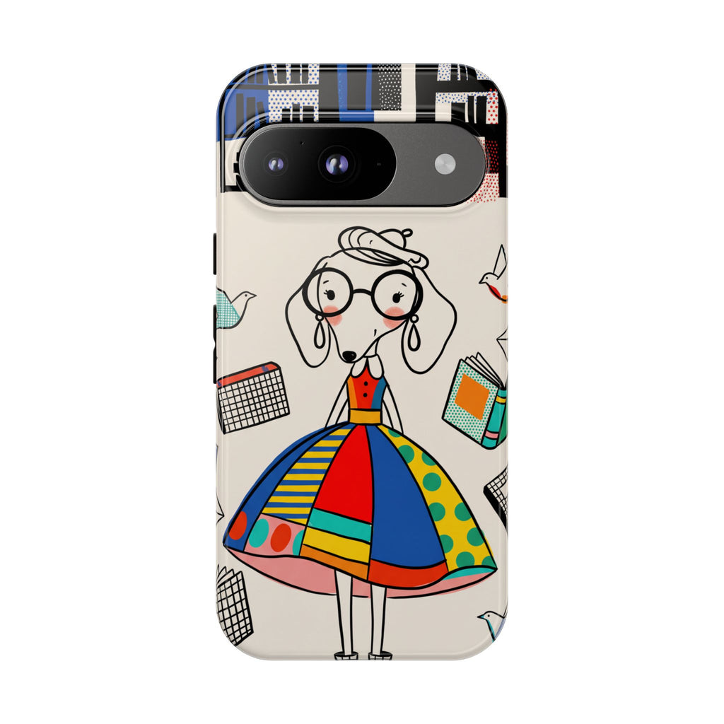 Illustrazione di un simpatico bassotto per cover Google Pixel | Design colorato e fantasioso con libri e uccellini