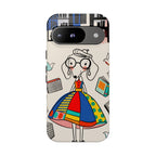 Illustrazione di un simpatico bassotto per cover Google Pixel | Design colorato e fantasioso con libri e uccellini