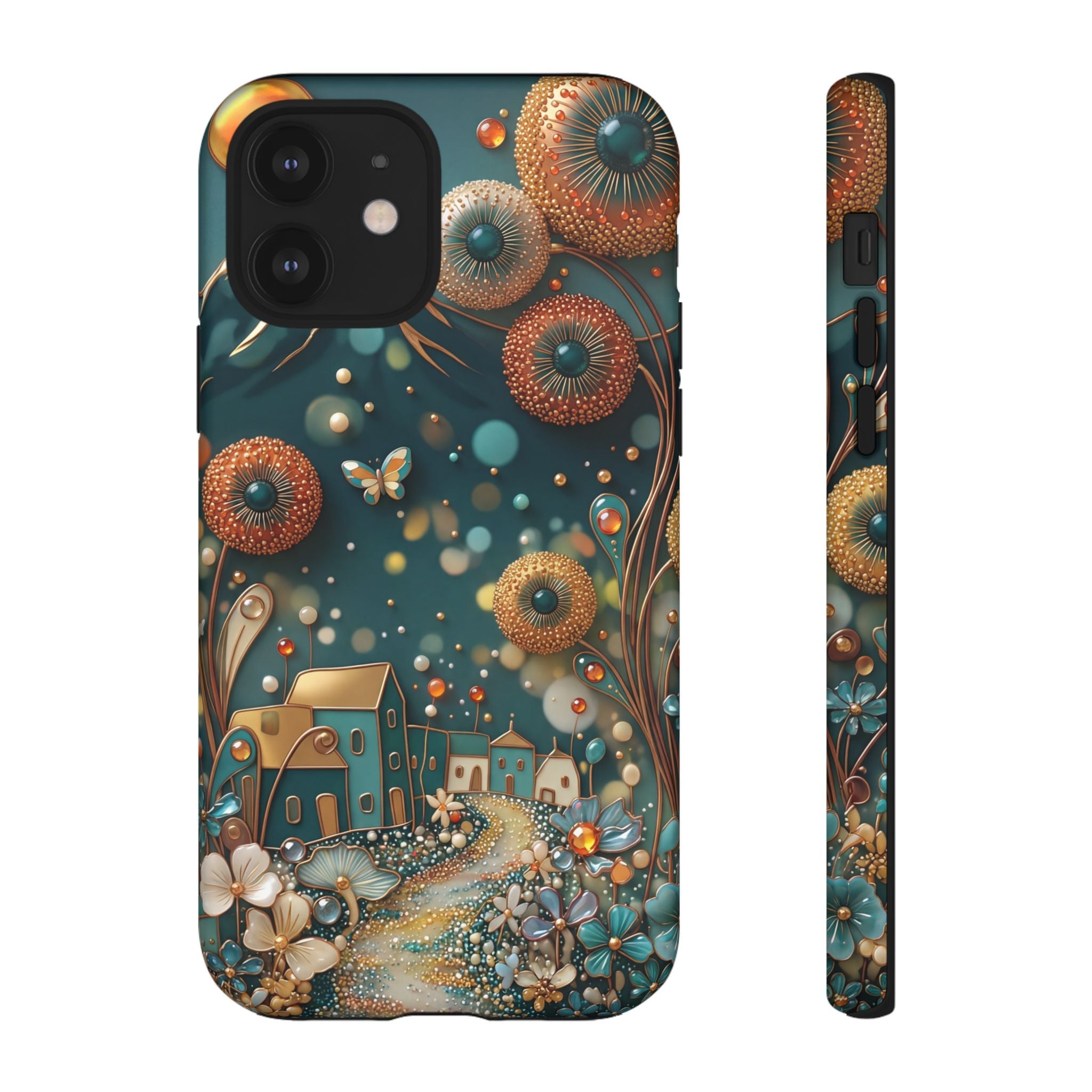 Whimsical Night Village iPhone Case | Floral Moonlit Art Tough Case