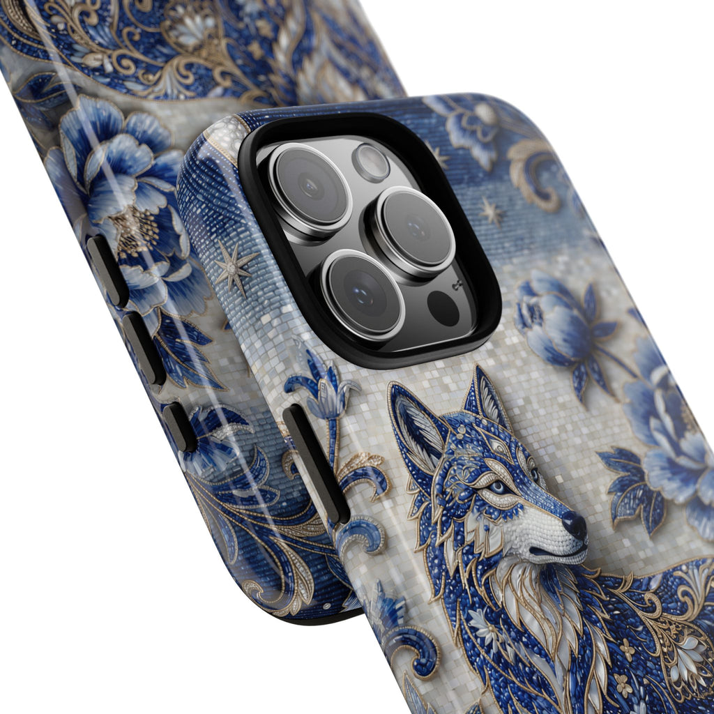 Blue Floral Wolf Tough iPhone Case | Moonlit Wolf Protective Cover