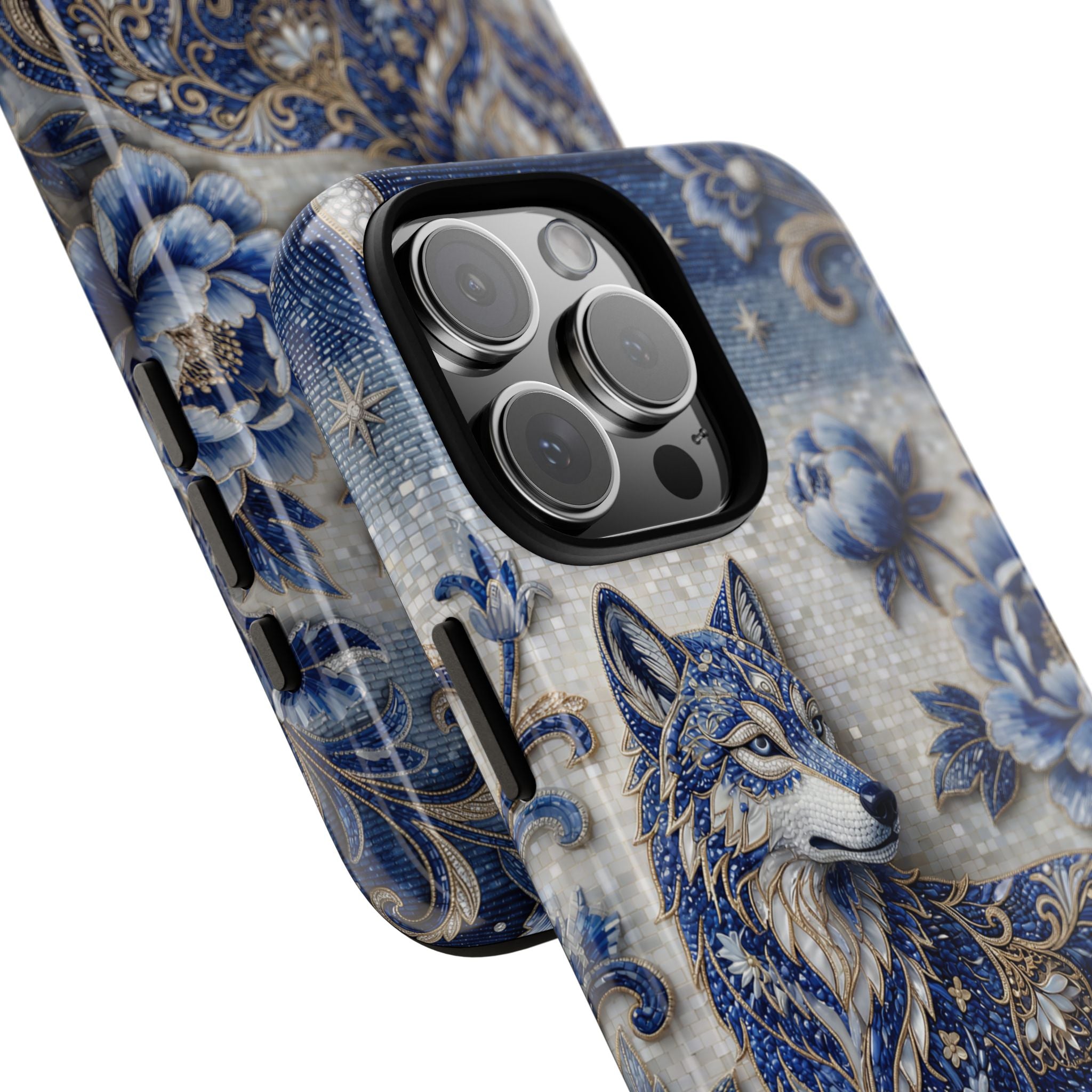 Blue Floral Wolf Tough iPhone Case | Moonlit Wolf Protective Cover