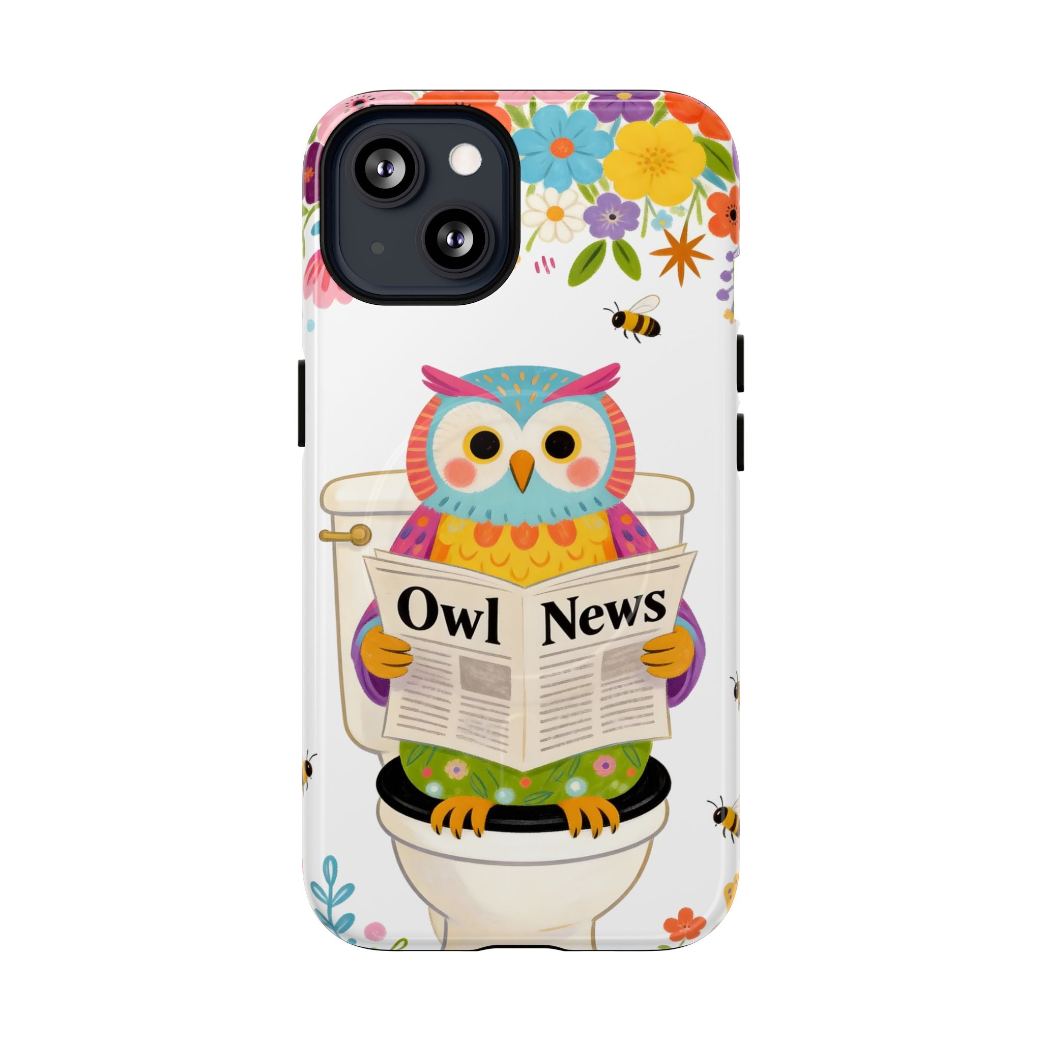 Owl News Floral MagSafe iPhone Case | Cute Owl Reading Newspaper on Toilet