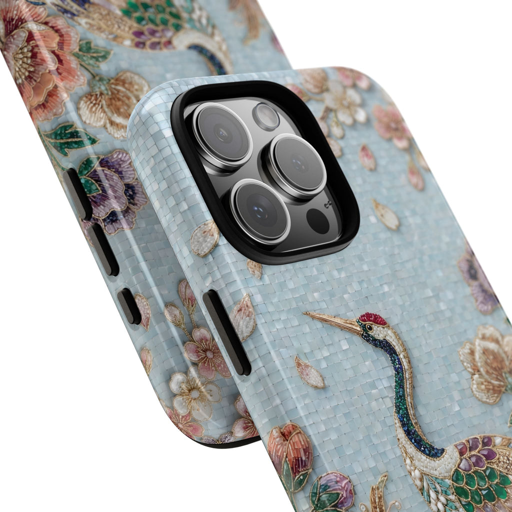Floral Crane Tough iPhone Case | Vintage Embroidered Bird Protection