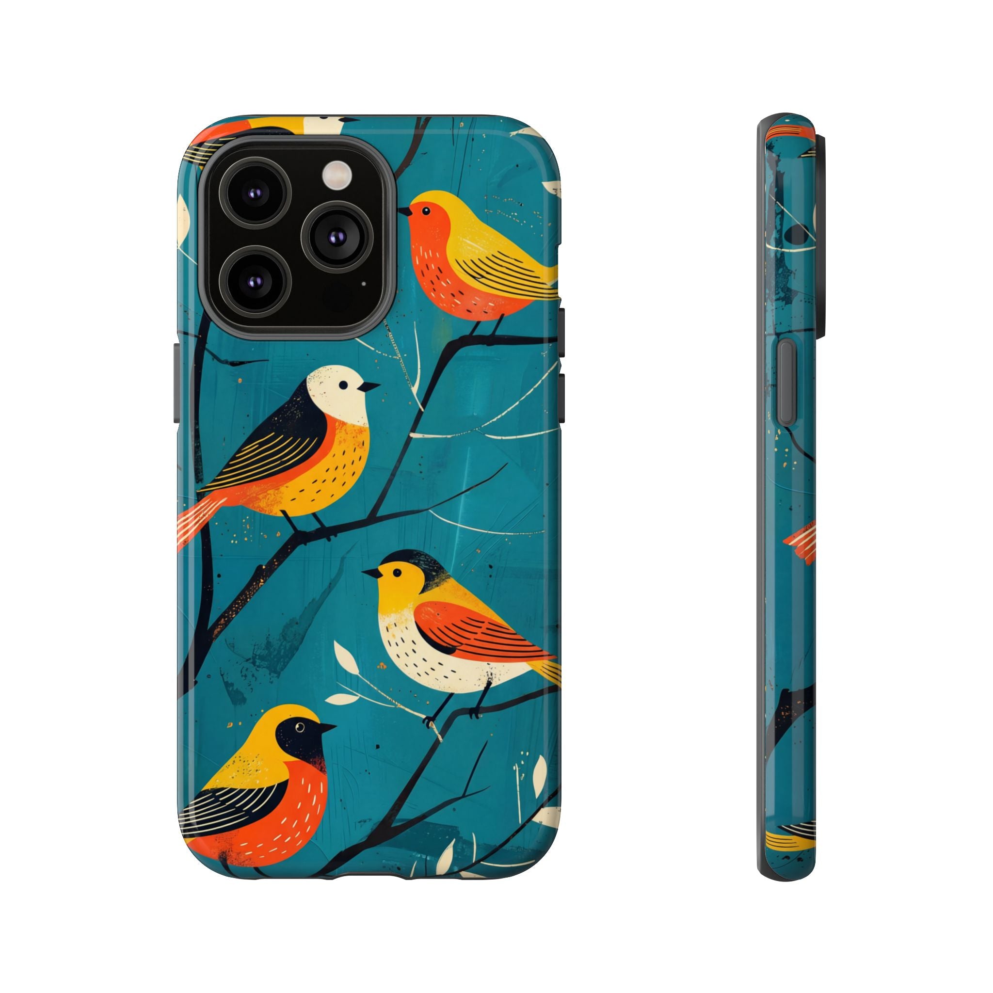 Bird Pattern Tough iPhone Case | Colourful Songbirds on Teal Background