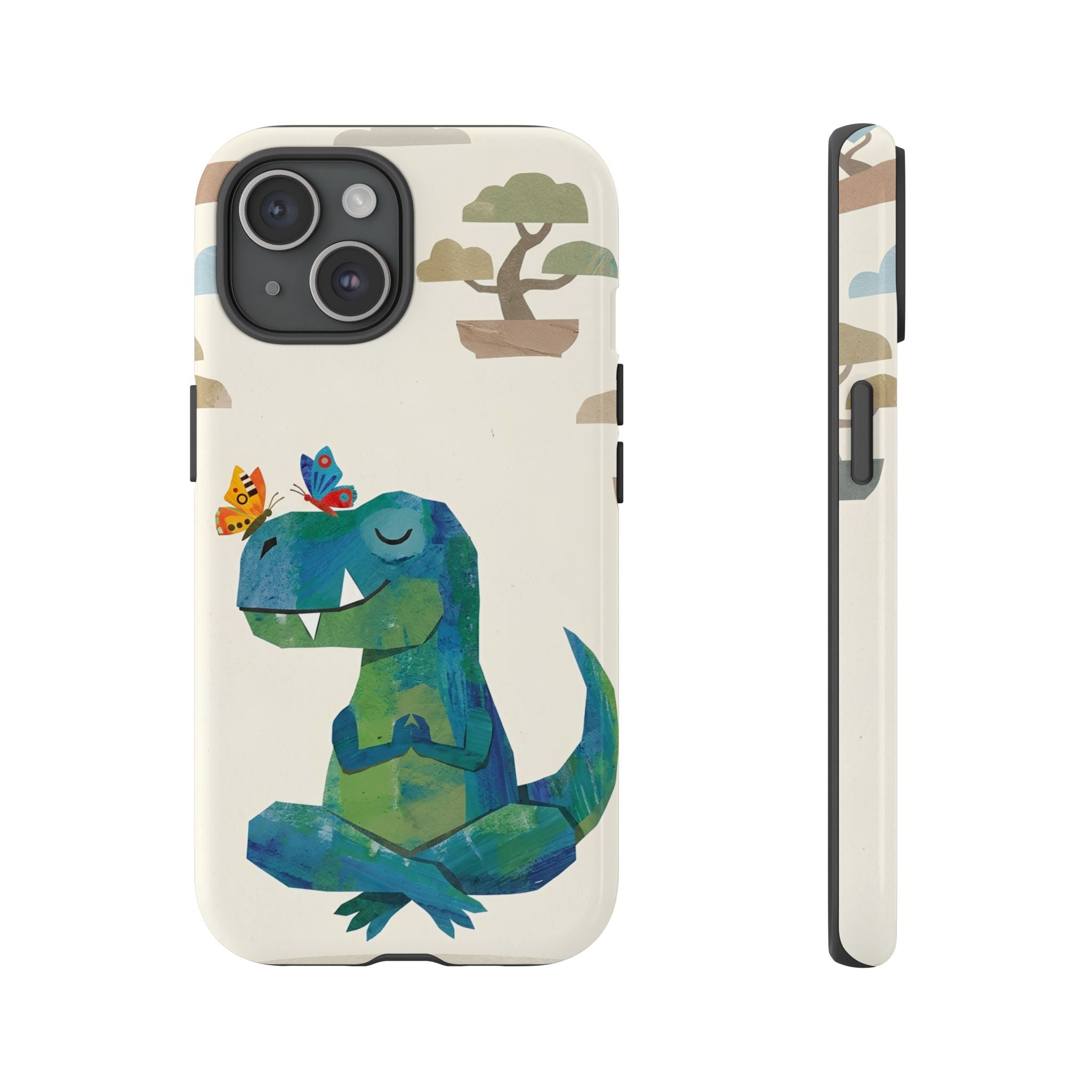 Meditating Dinosaur iPhone Case | Cute T-Rex with Butterflies and Bonsai