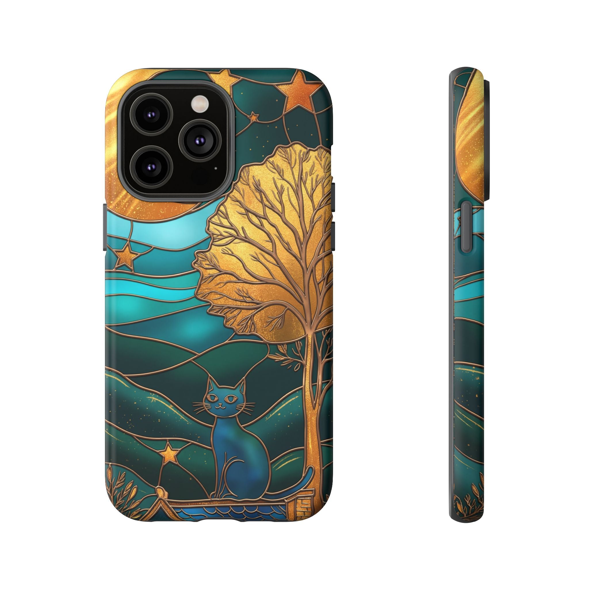 Stained Glass Cat Tough iPhone Case — Gold Tree & Starry Night Design