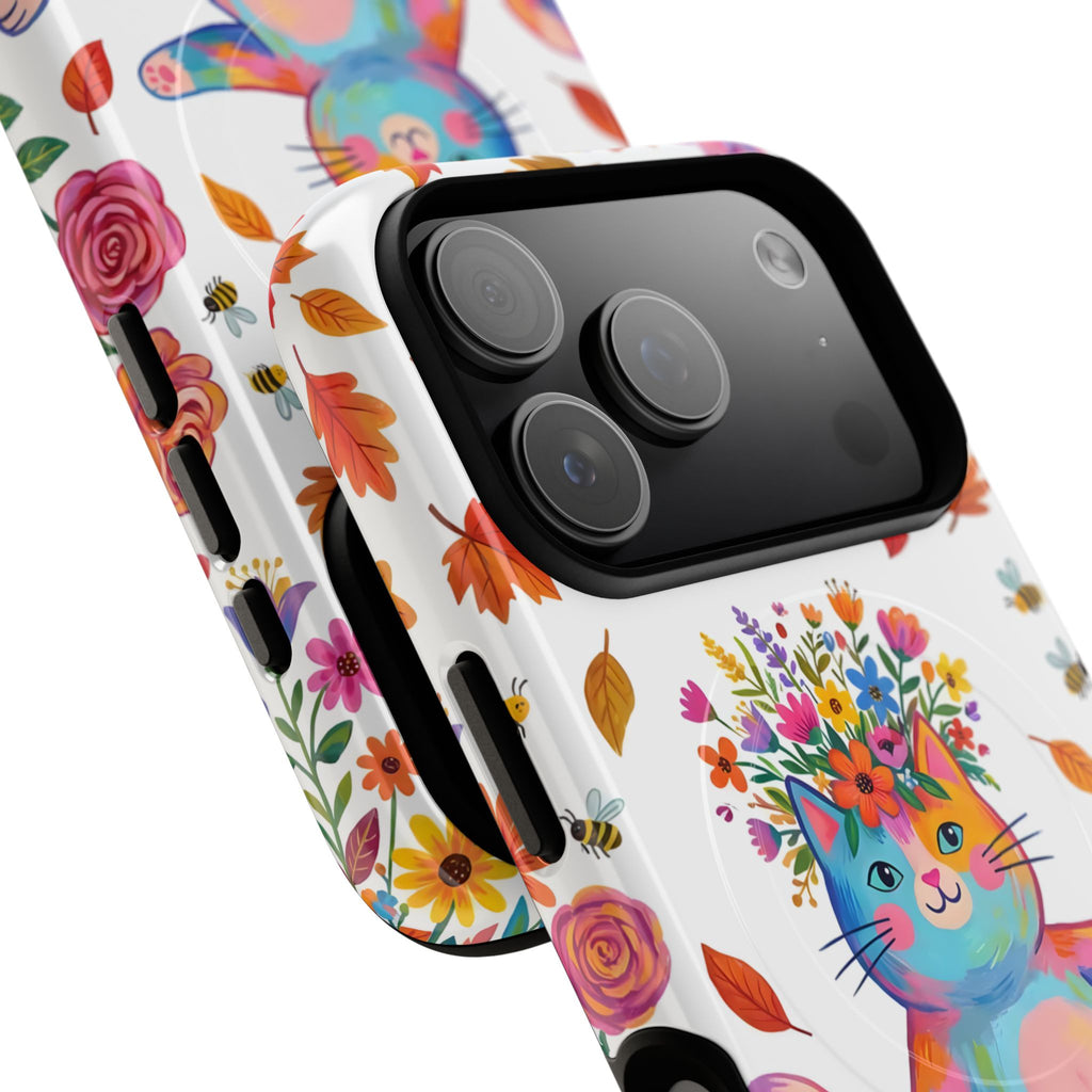 Colorful Floral Cat on Pilates Reformer Protective MagSafe iPhone Case