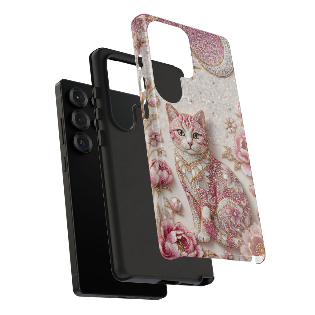 Custodia per telefono Samsung Galaxy con gatto floreale vintage | Cover per telefono con luna rosa e rose