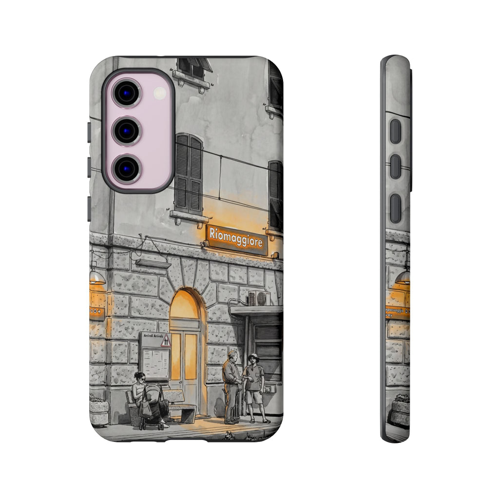 Custodia per Samsung Galaxy con stazione ferroviaria Cinque Terre | Schizzo in bianco e nero con accenti gialli caldi