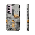 Custodia per Samsung Galaxy con stazione ferroviaria Cinque Terre | Schizzo in bianco e nero con accenti gialli caldi