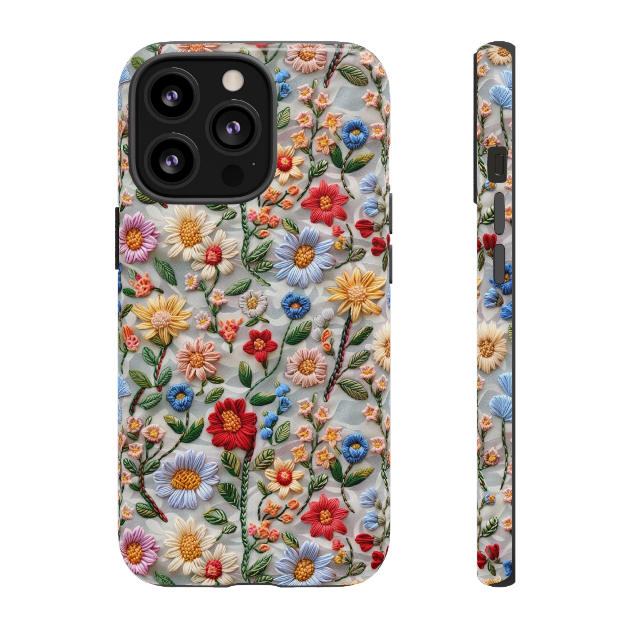 Floral Embroidered Pattern Tough iPhone Case — Colourful Daisy & Wildflower Design