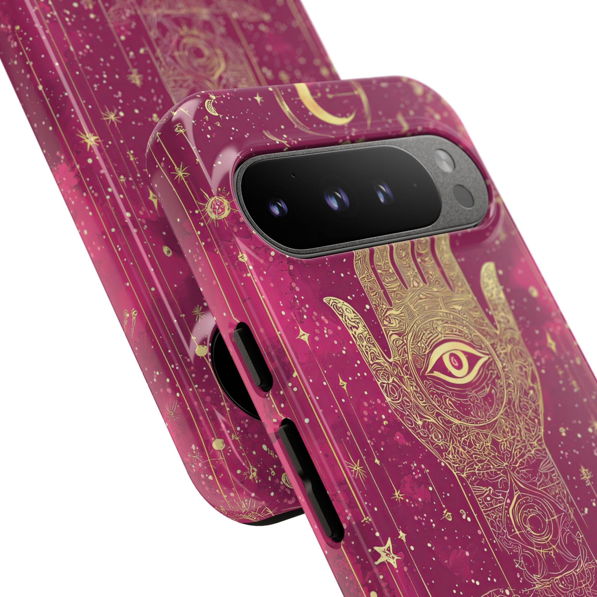 Mystic Hamsa Google Pixel Case | Gold Palm & All-Seeing Eye on Magenta Galaxy