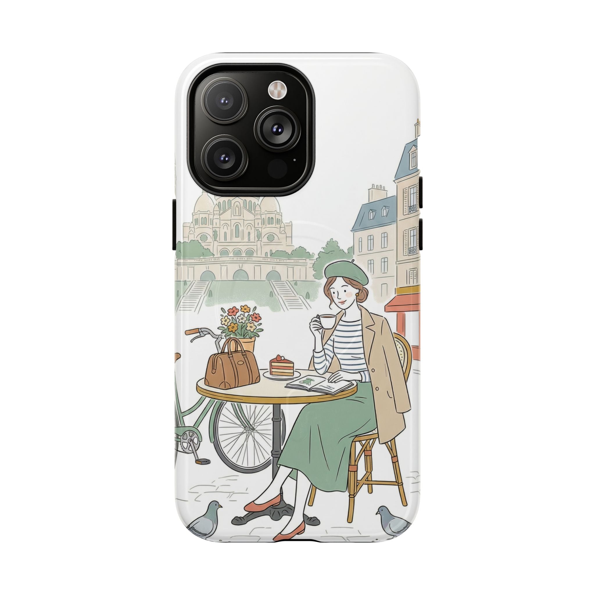 Paris Cafe Illustration MagSafe iPhone Case | Vintage Bicycles & Pigeons Protective Cover