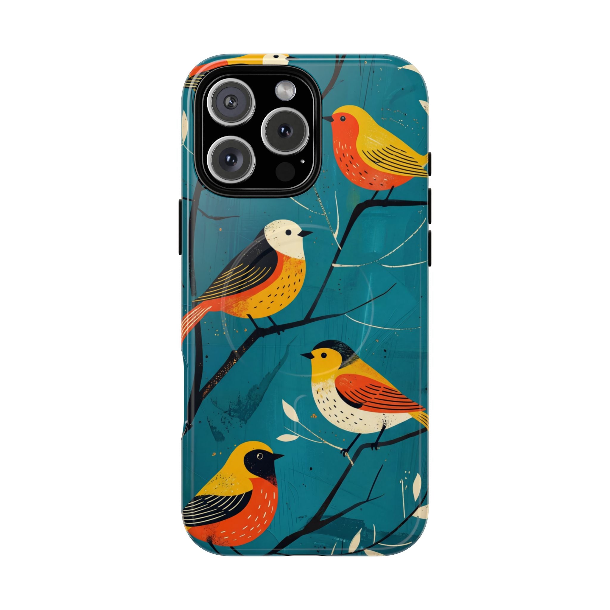 Bird Pattern Tough MagSafe iPhone Case | Colourful Songbirds on Teal Background