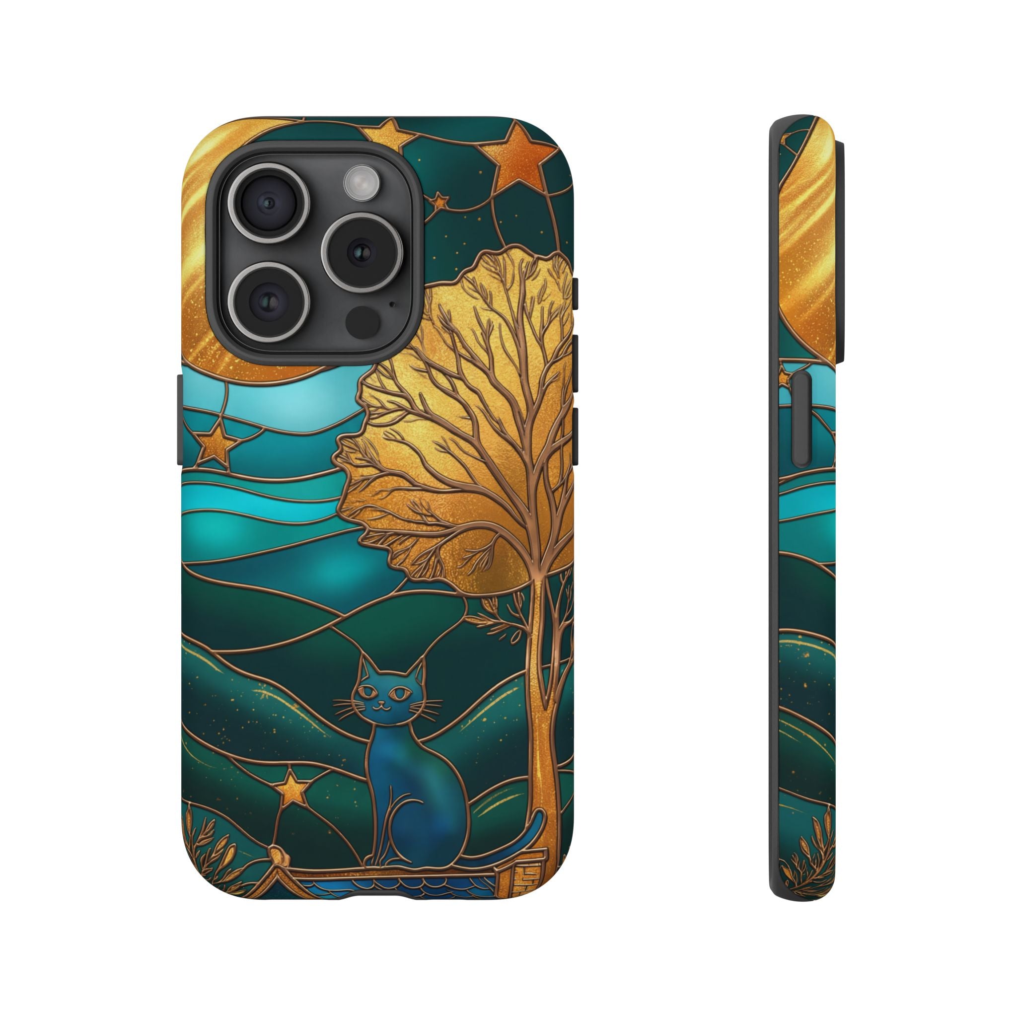 Stained Glass Cat Tough iPhone Case — Gold Tree & Starry Night Design