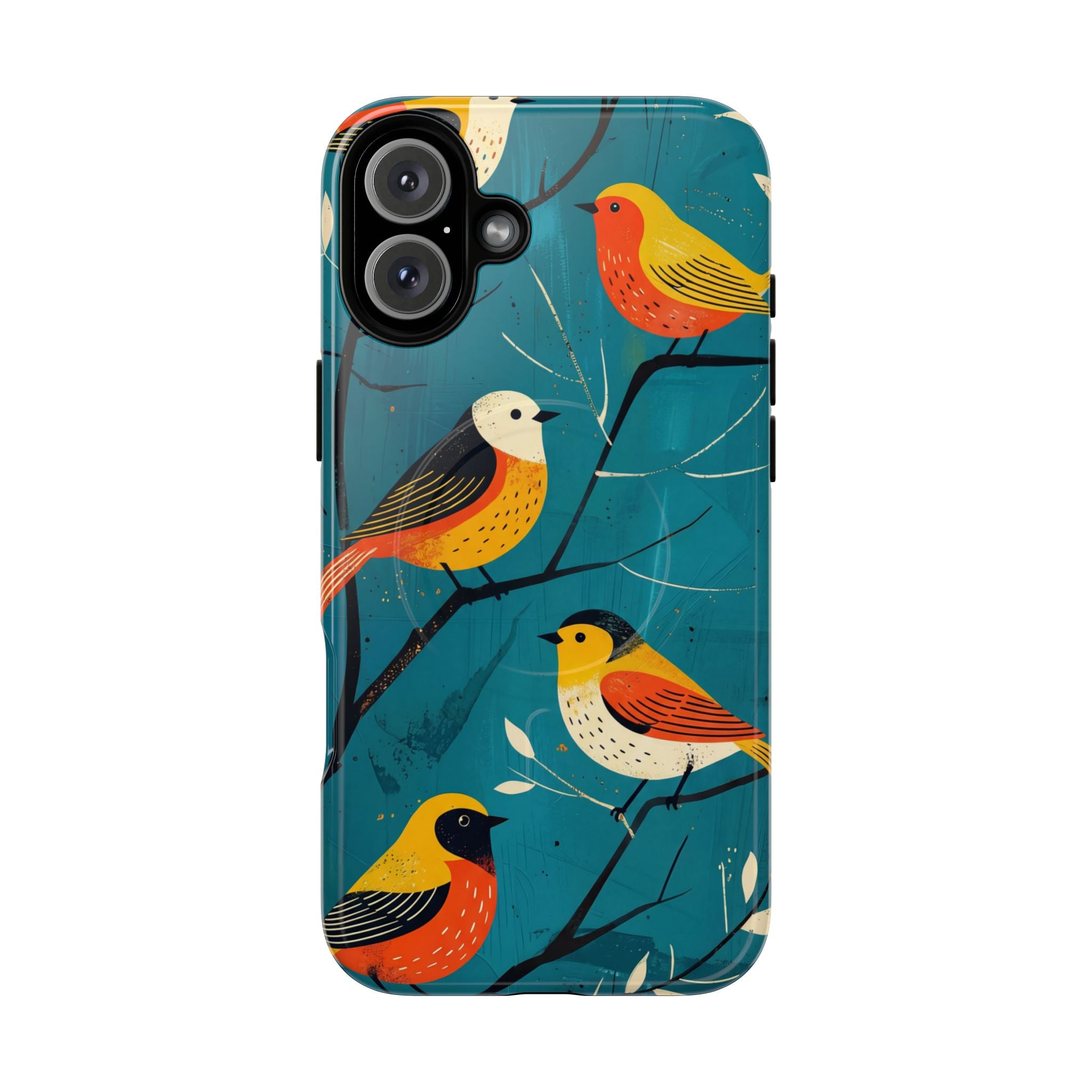 Bird Pattern Tough MagSafe iPhone Case | Colourful Songbirds on Teal Background