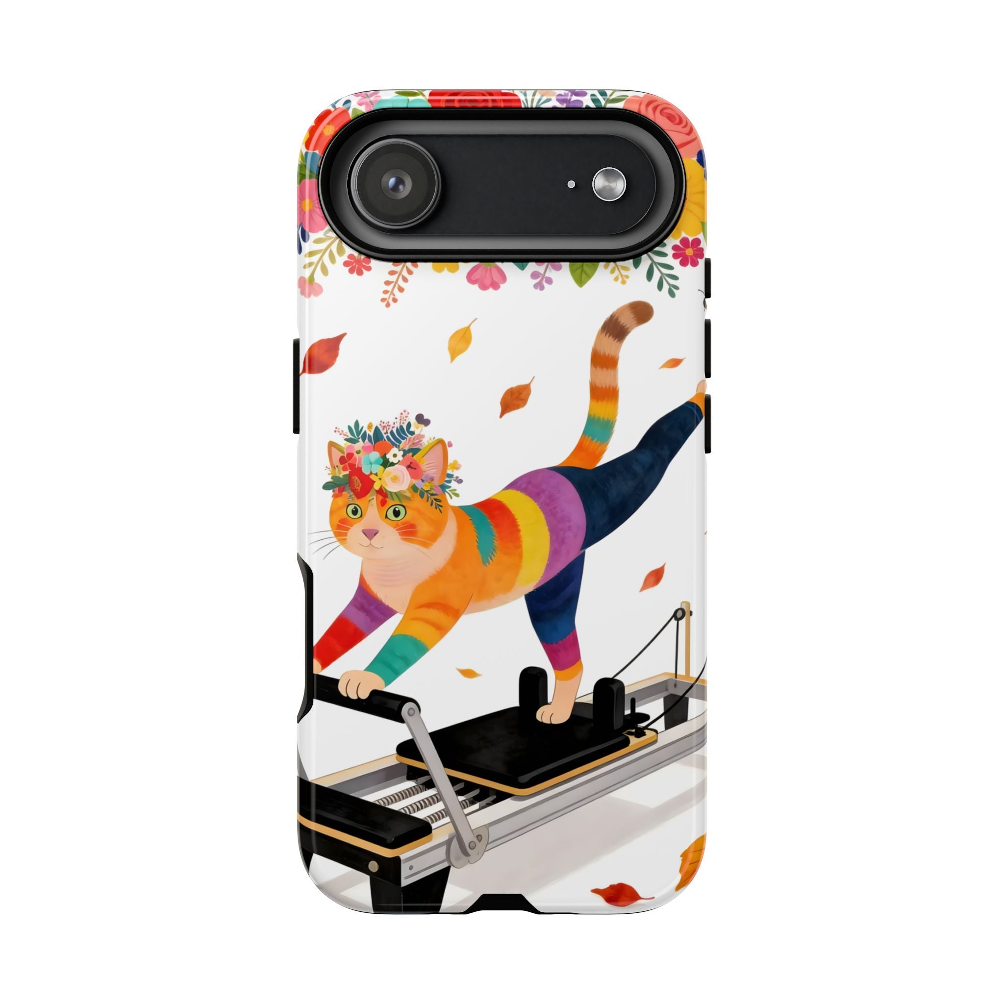 Cat Pilates iPhone Case | Floral Rainbow Cat on Reformer
