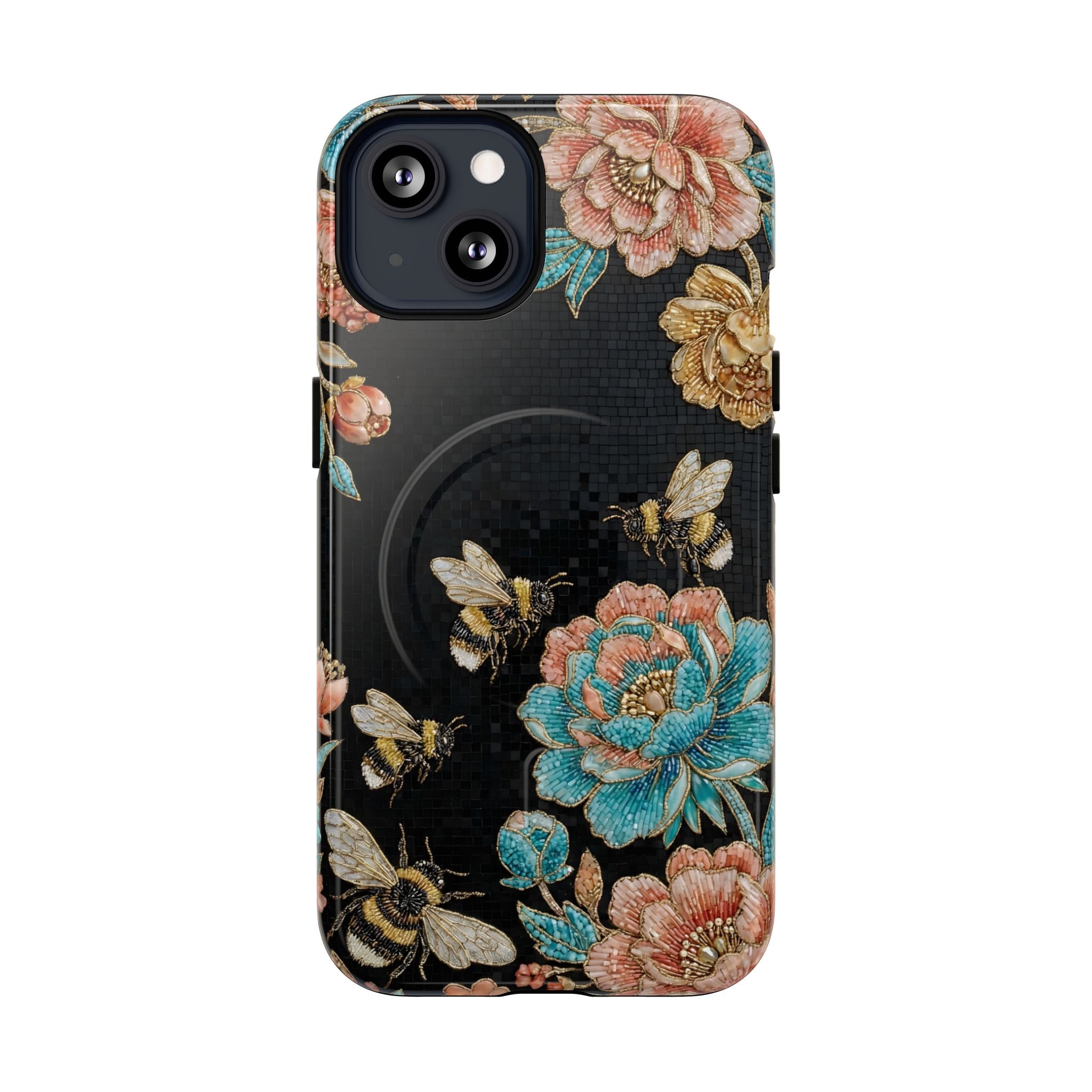 Floral Bees Tough MagSafe iPhone Case | Vintage Rose & Bumblebee Protective Cover