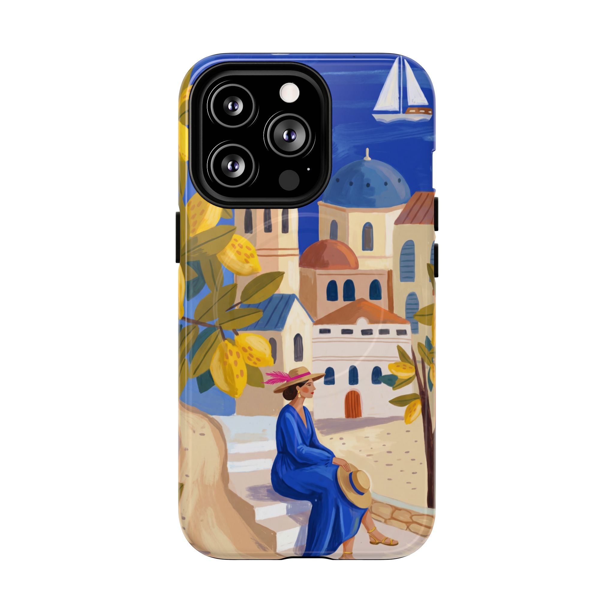 Mediterranean Village MagSafe iPhone Case | Scenic Sailboat & Lemon Grove Design
