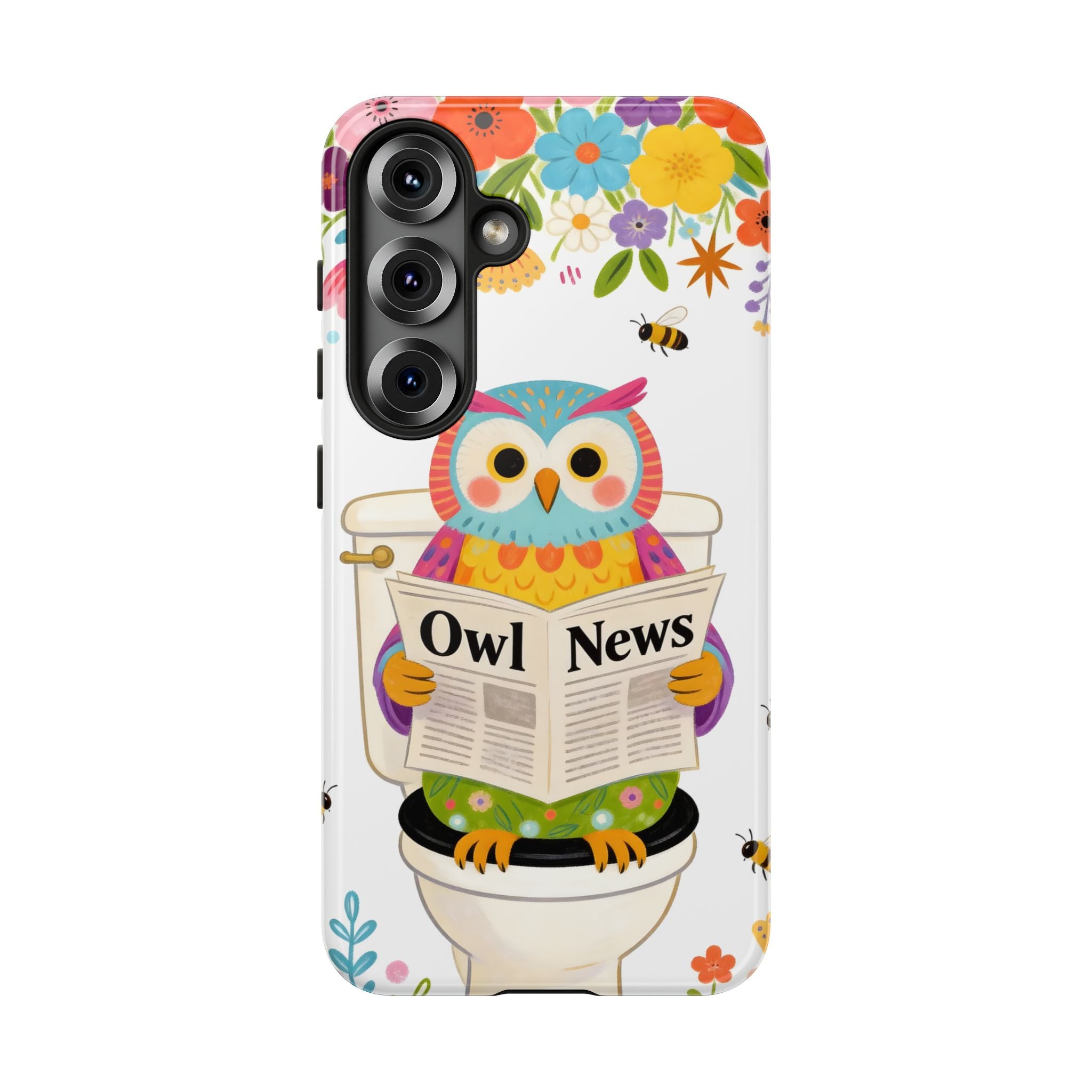 Owl News Floral Samsung Galaxy Phone Case | Cute Owl Reading Newspaper on Toilet