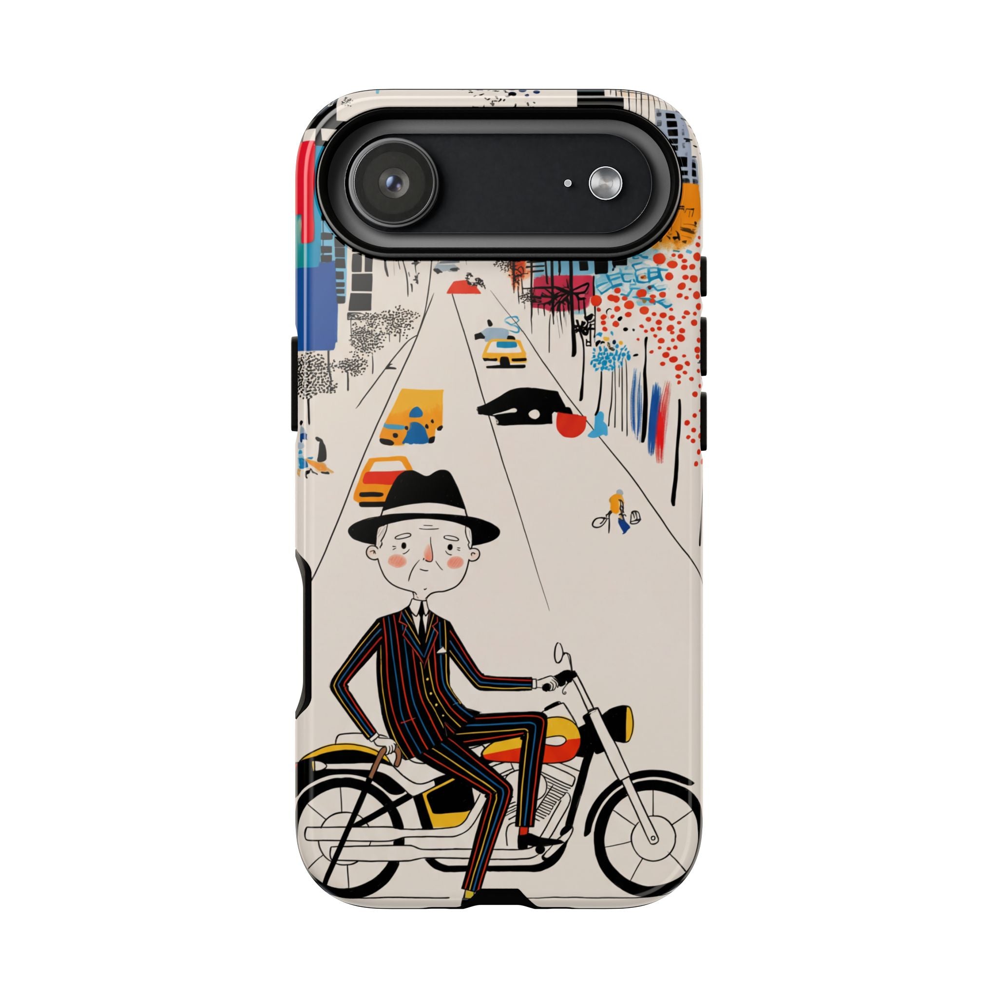 Vintage Grandpa Rider Motorcycle iPhone Case | Illustrated Cityscape
