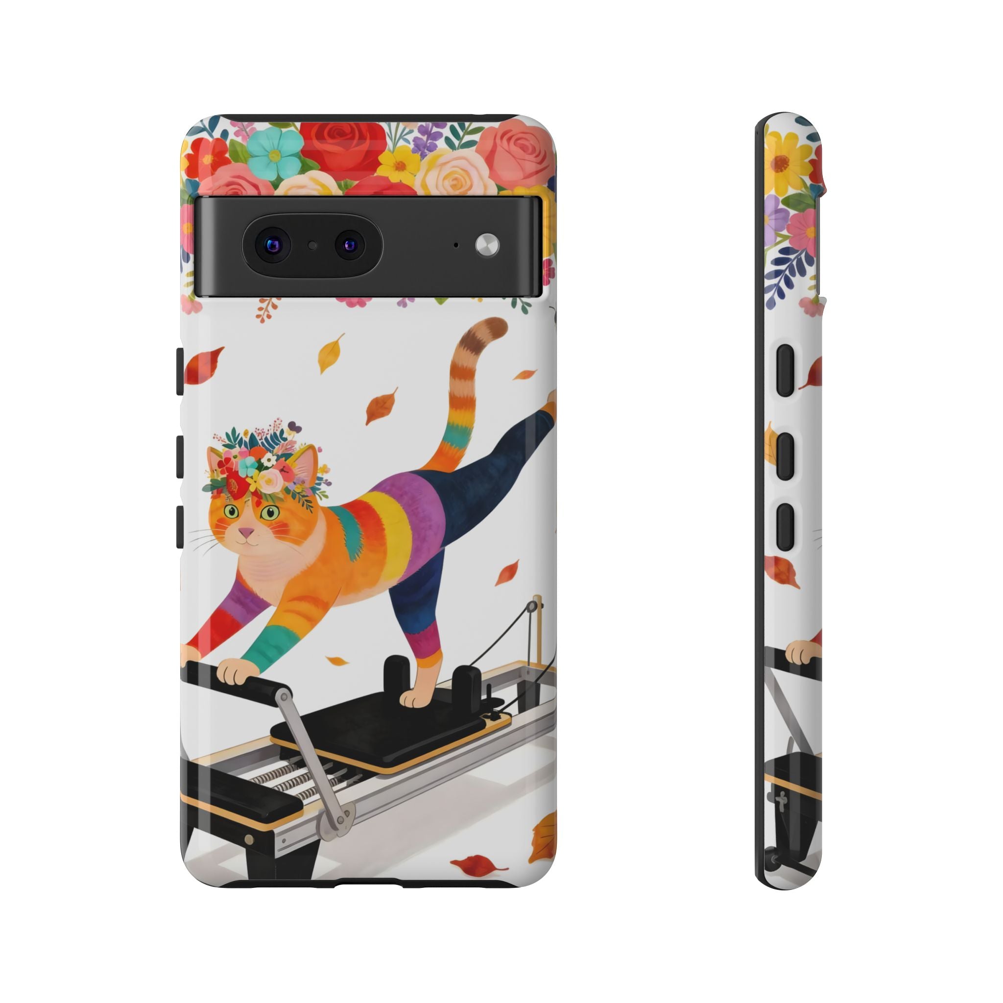 Cat Pilates Google Pixel Phone Case | Floral Rainbow Cat on Reformer