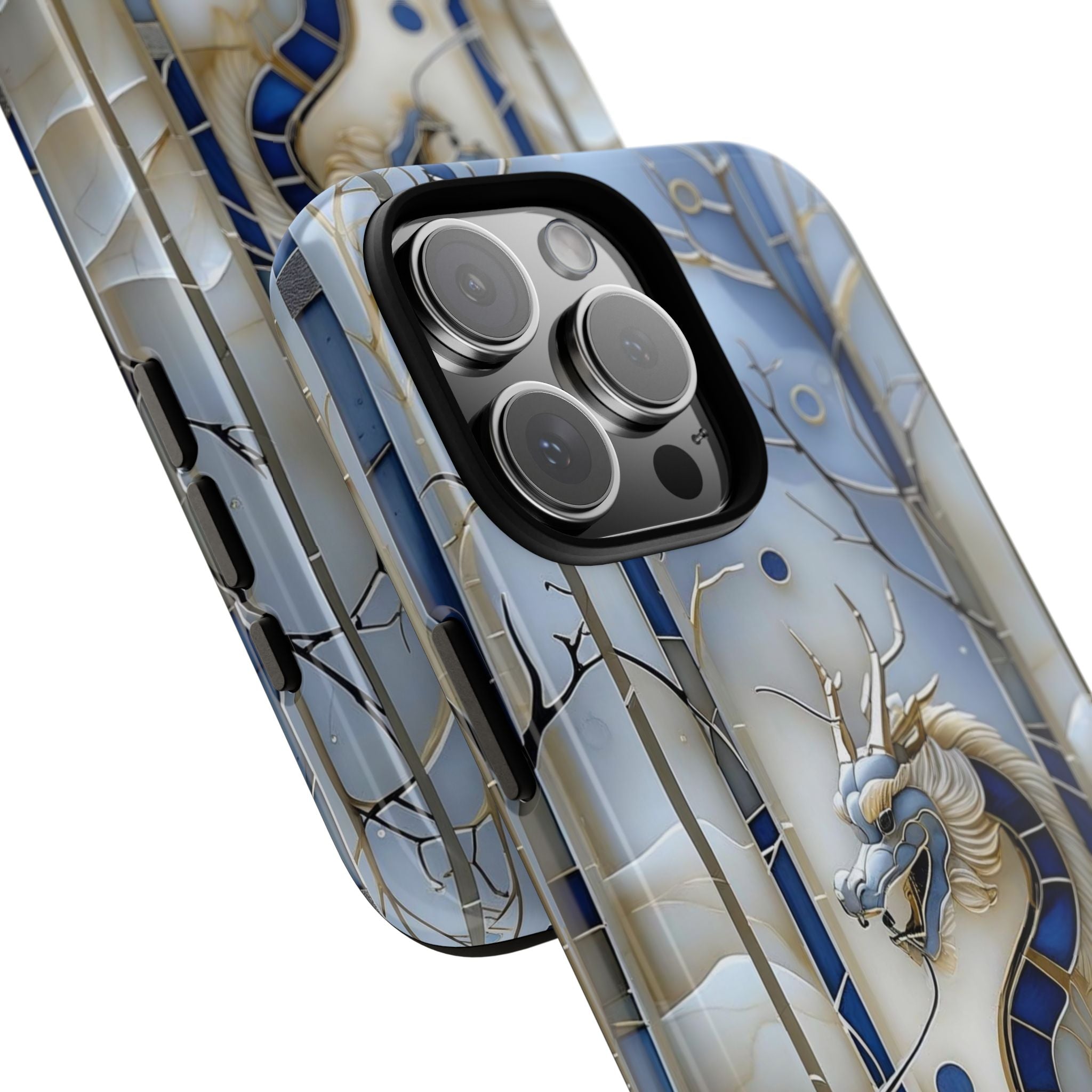 Dragon Stained Glass iPhone Case — Blue Winter Forest Protective Cover