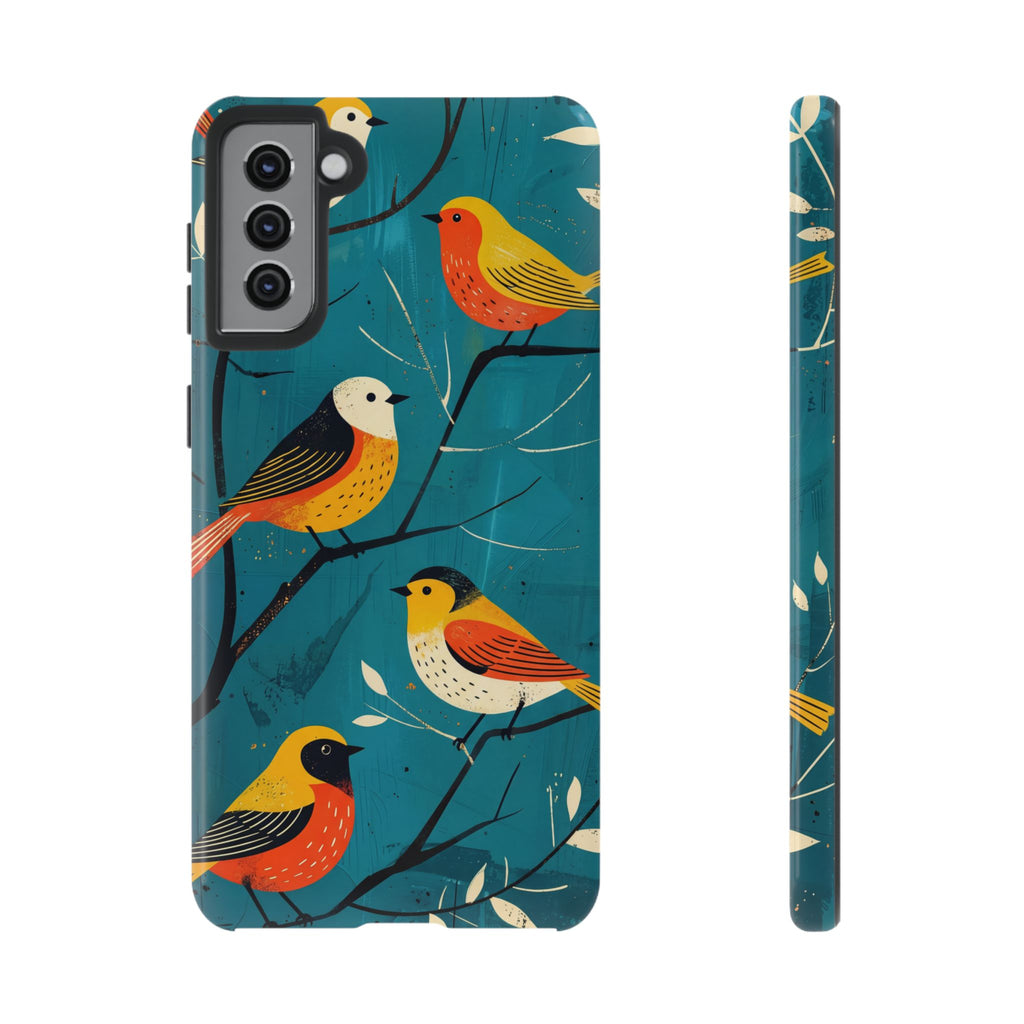 Bird Pattern Tough Samsung Galaxy Phone Case | Colourful Songbirds on Teal Background