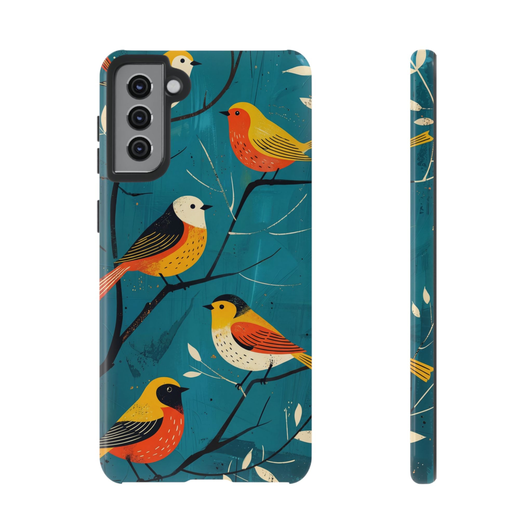 Bird Pattern Tough Samsung Galaxy Phone Case | Colourful Songbirds on Teal Background
