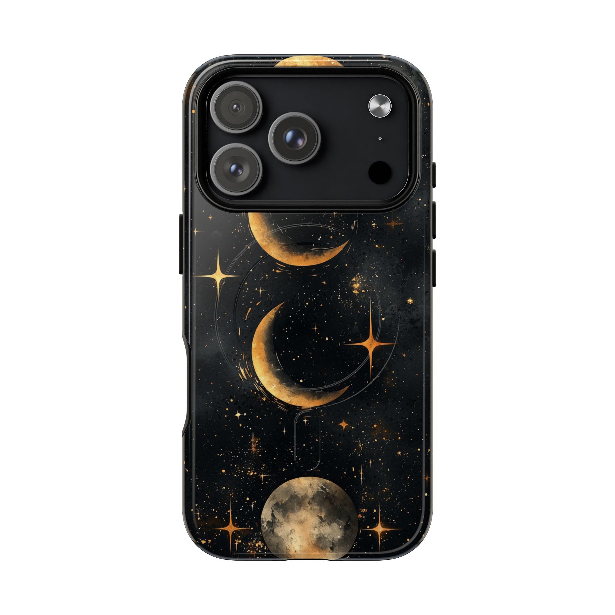 Custodia rigida MagSafe per iPhone con fasi lunari celestiali | Design a forma di galassia con mezzaluna dorata e luna piena