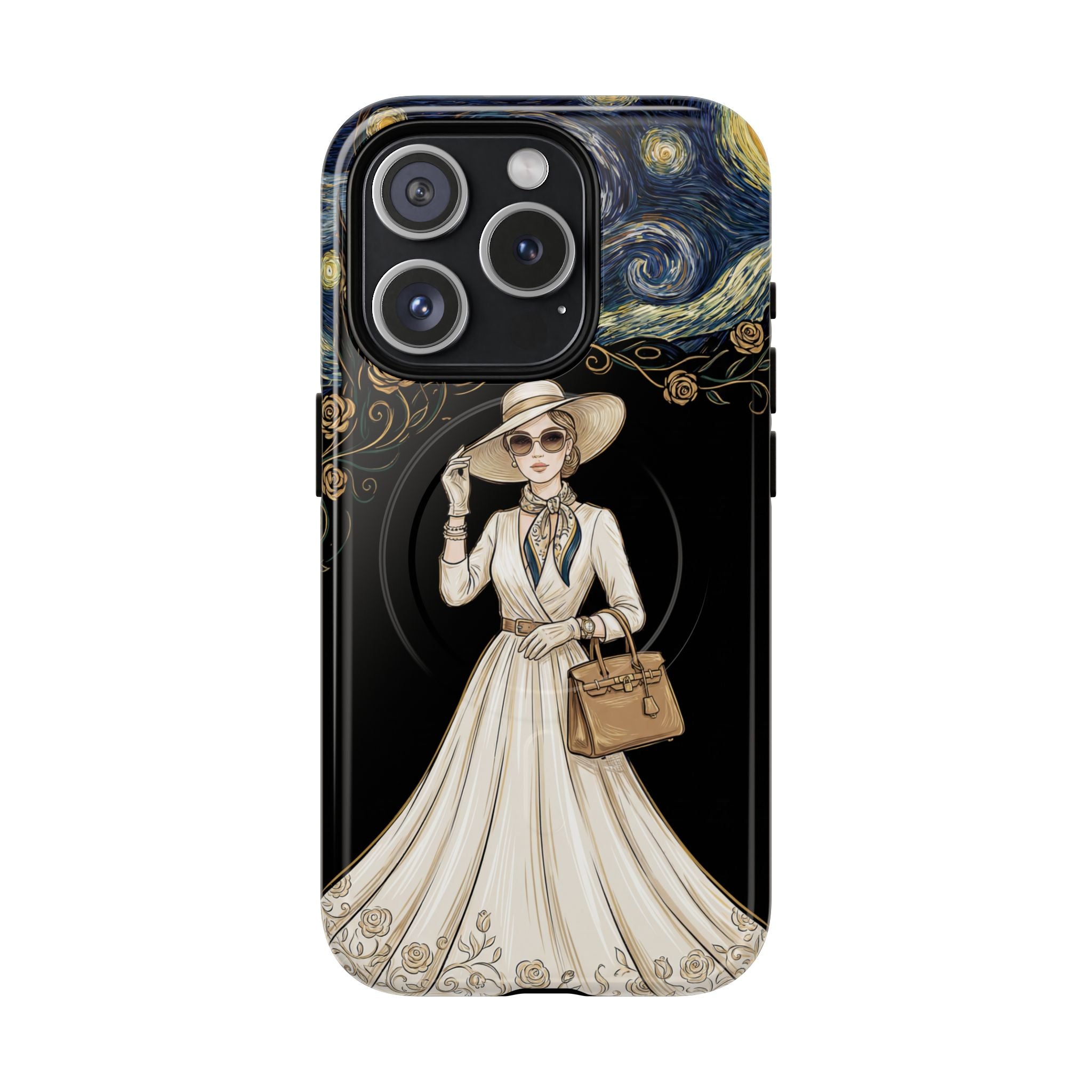Vintage Starry Night Fashion MagSafe iPhone Case | Elegant Lady in White Dress