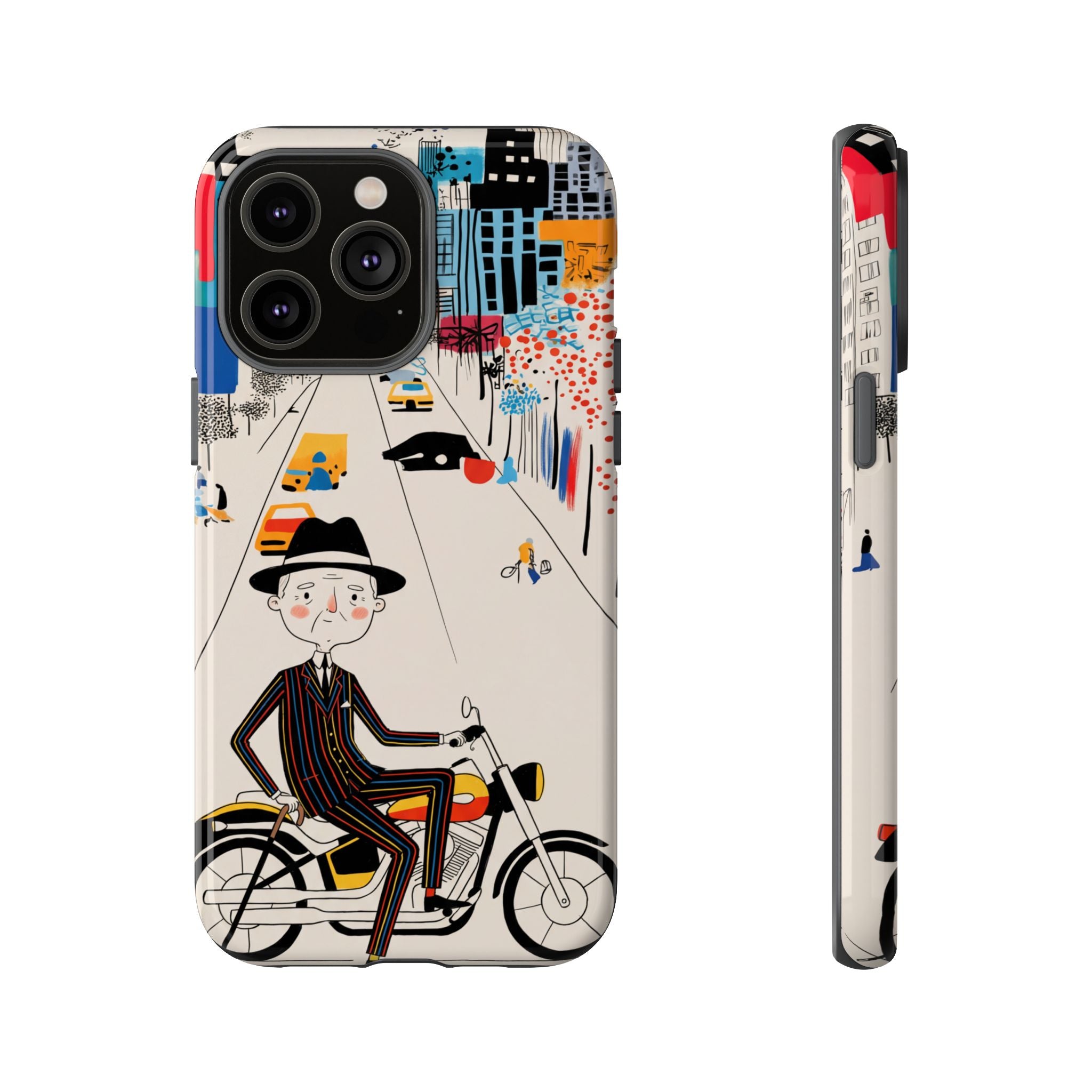 Vintage Grandpa Rider Motorcycle iPhone Case | Illustrated Cityscape