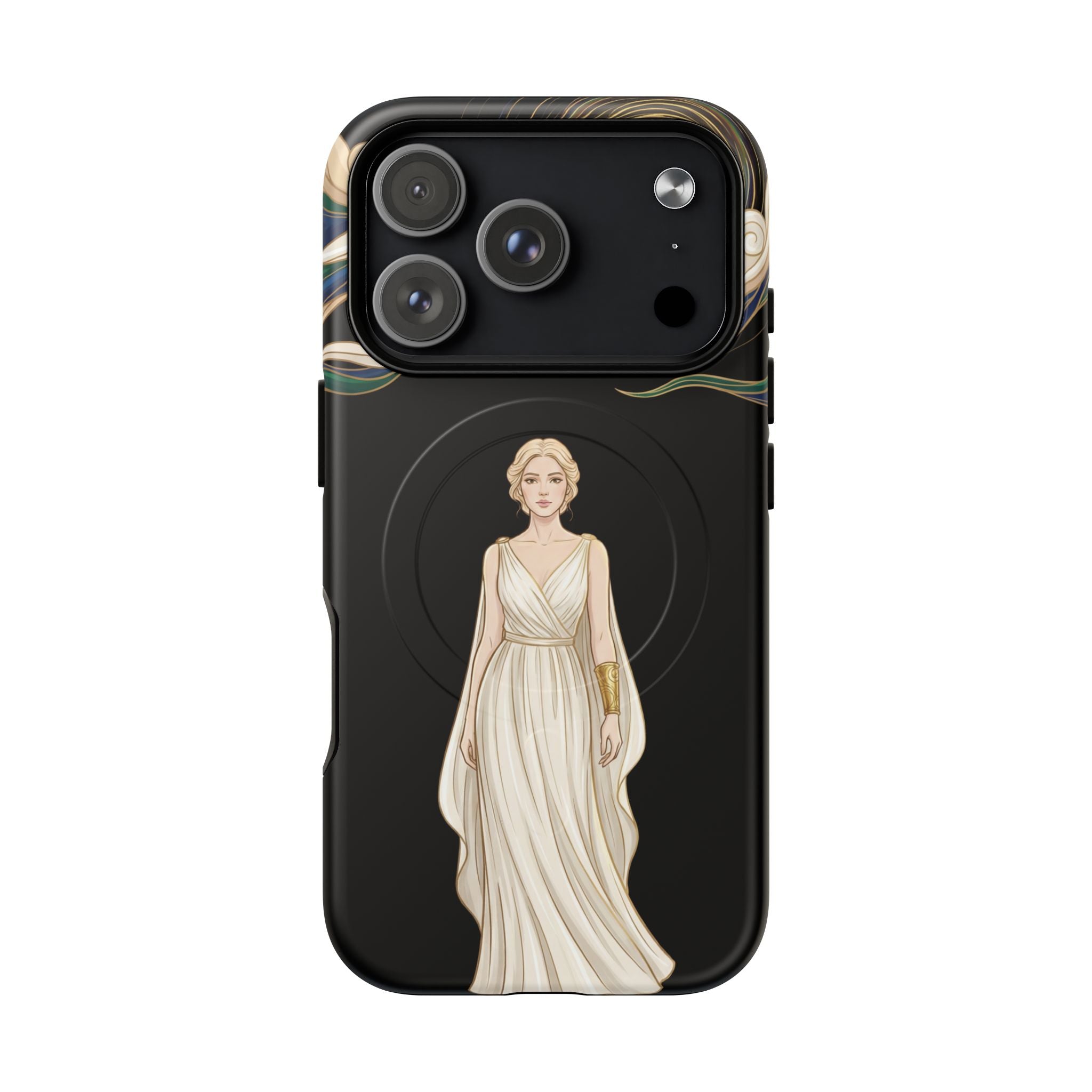 Art Nouveau Goddess MagSafe iPhone Case | Elegant Woman Illustration on Black