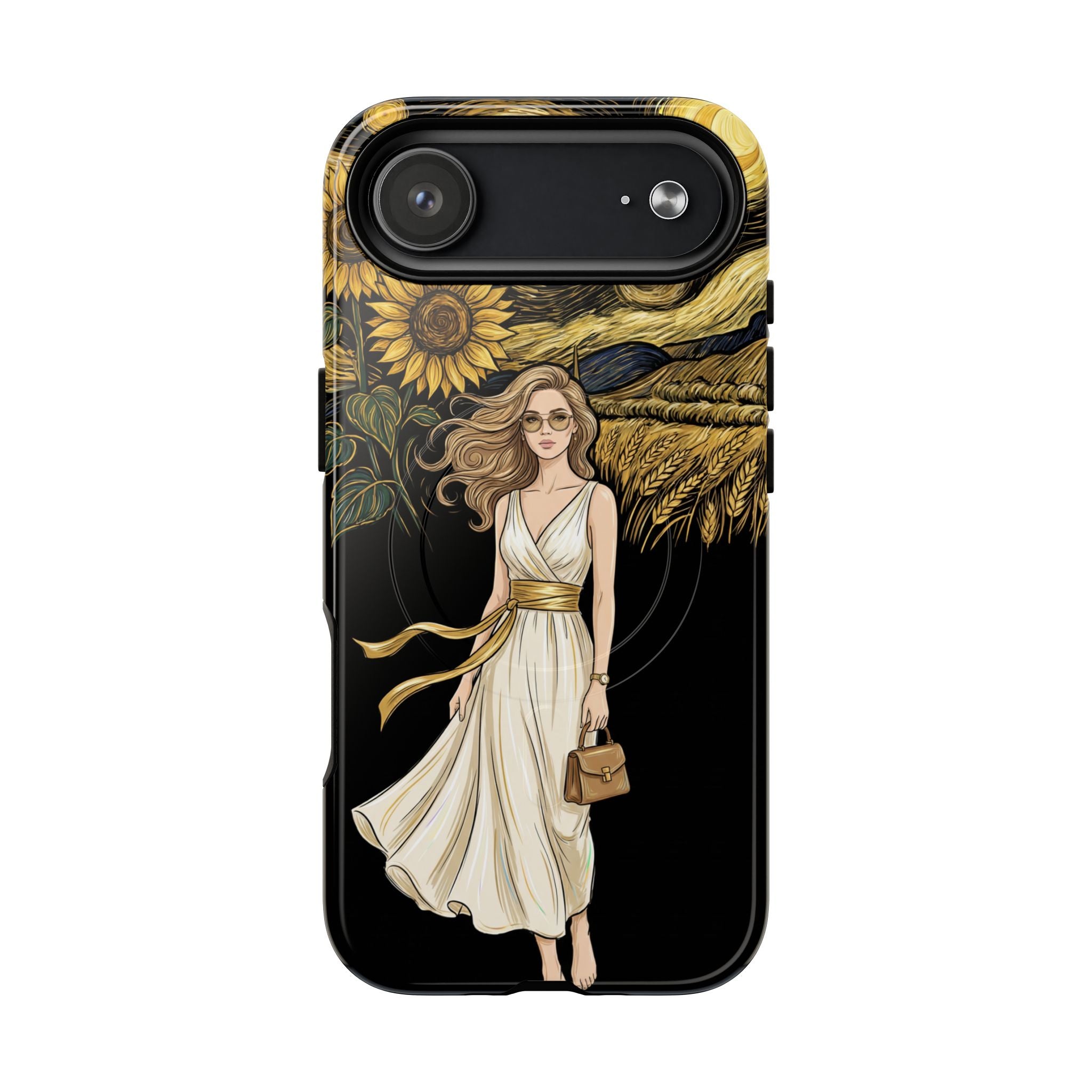 Sunflower Night MagSafe iPhone Case | Woman in Flowing Dress Van Gogh Style