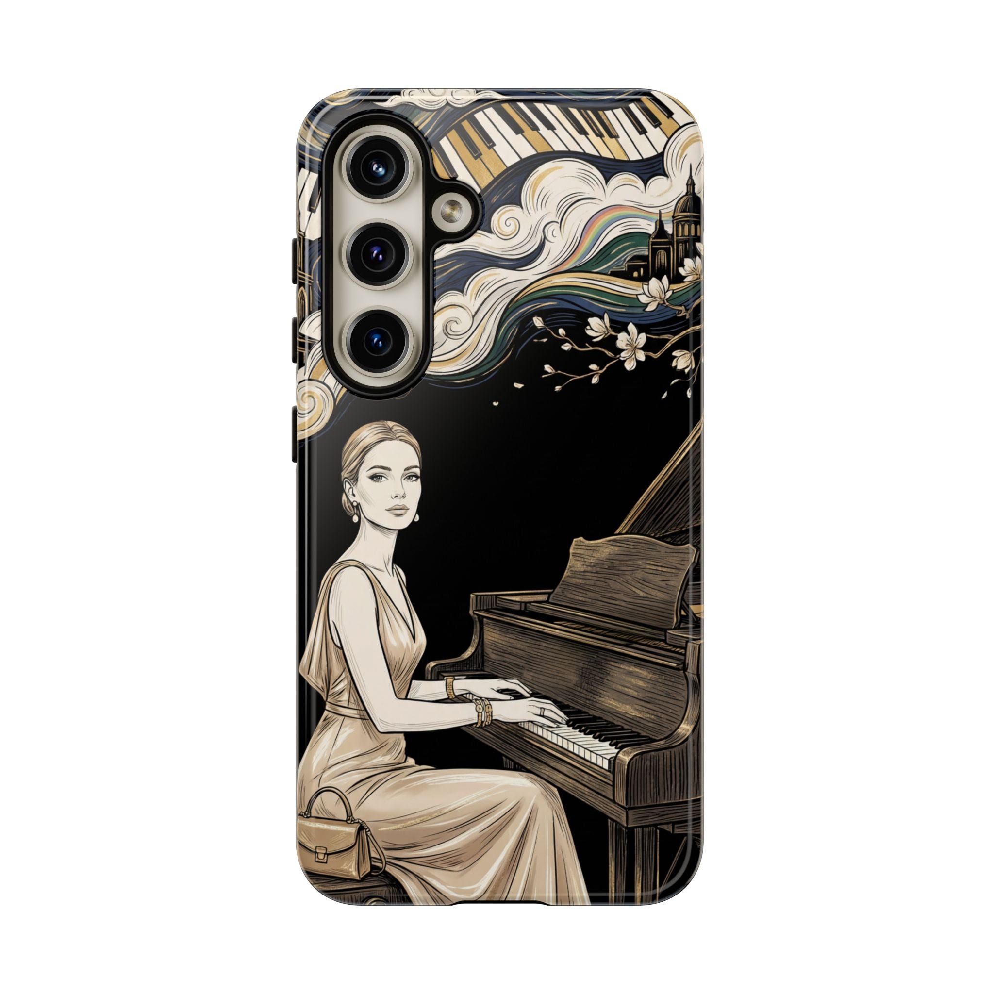Elegant Piano Woman Samsung Galaxy Phone Case | Vintage Art Deco Music Design