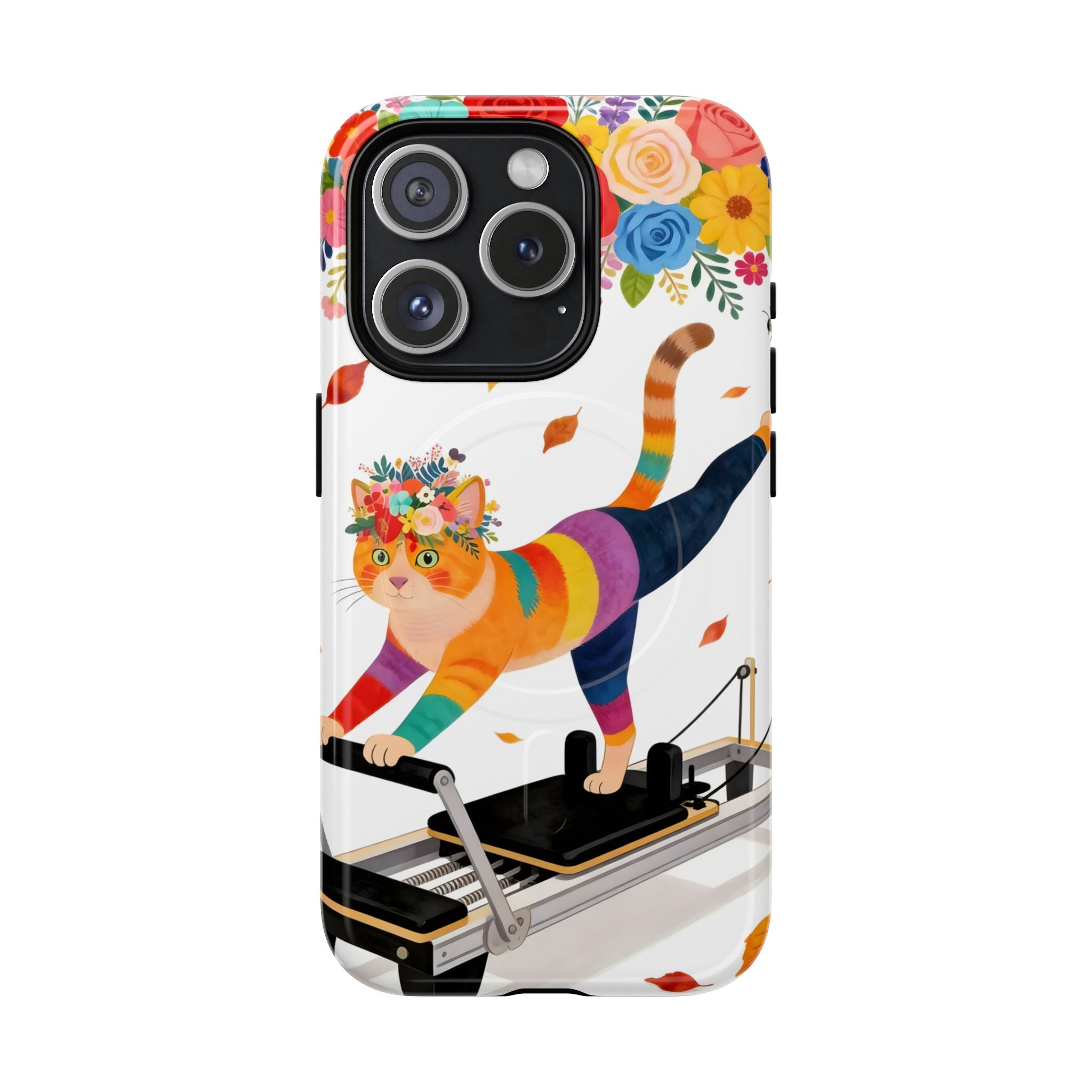 Cat Pilates MagSafe iPhone Case | Floral Rainbow Cat on Reformer