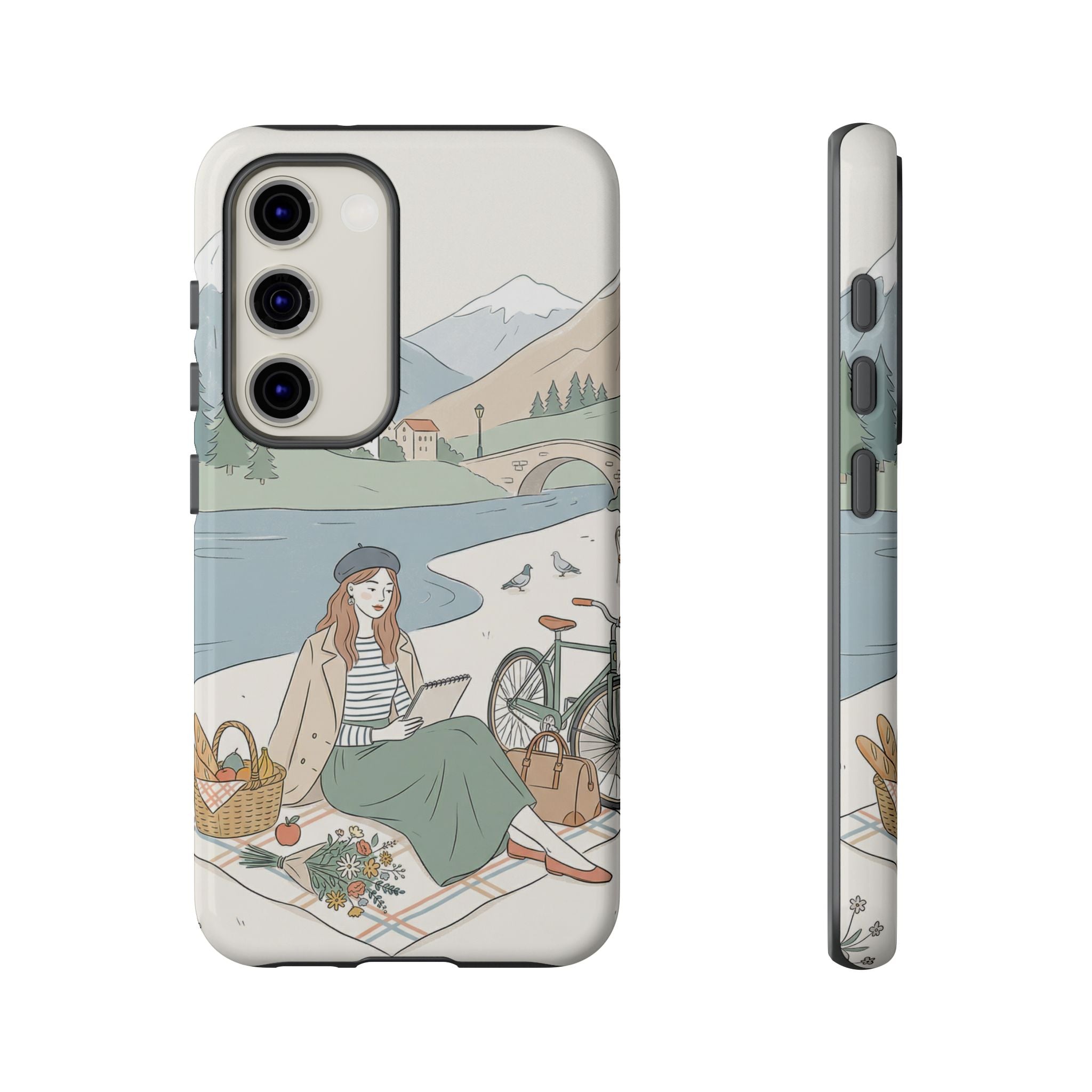 Scenic Picnic Samsung Galaxy Phone Case | Vintage Bicycle & Mountain Illustration