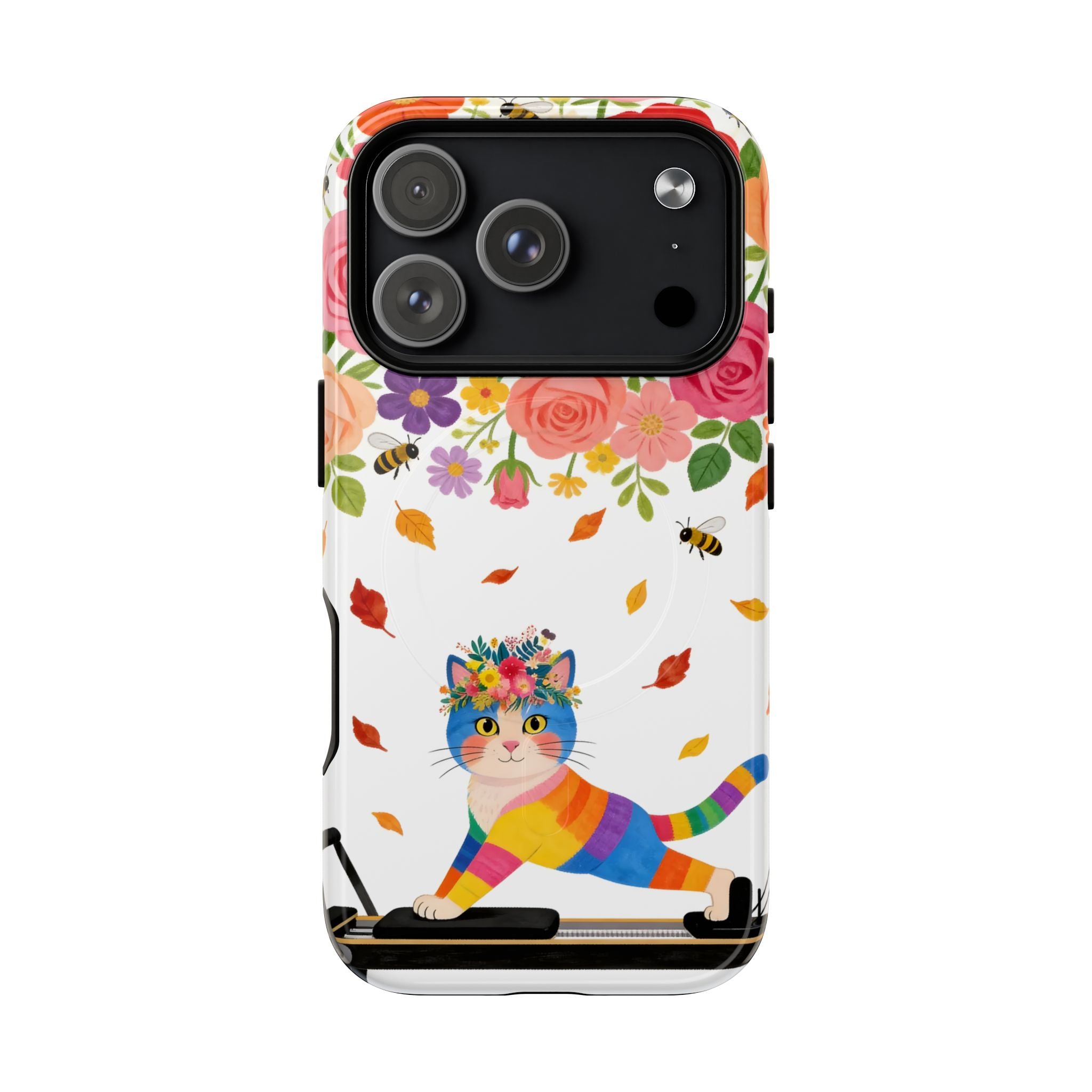 Floral Rainbow Cat Tough MagSafe iPhone Case — Colorful Pilates Cat Design