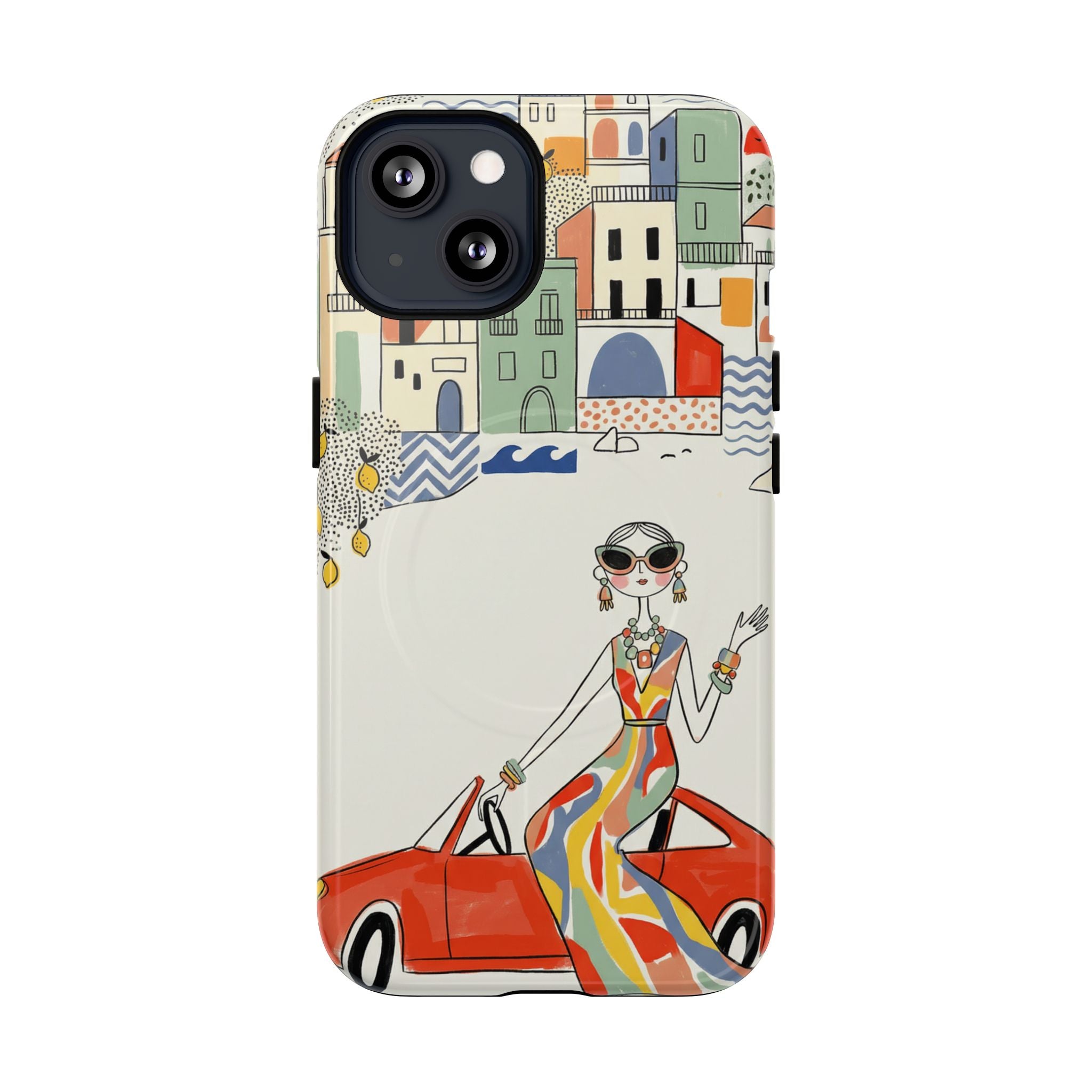 Stylish Riviera MagSafe iPhone Case | Chic Retro Woman in Convertible Design