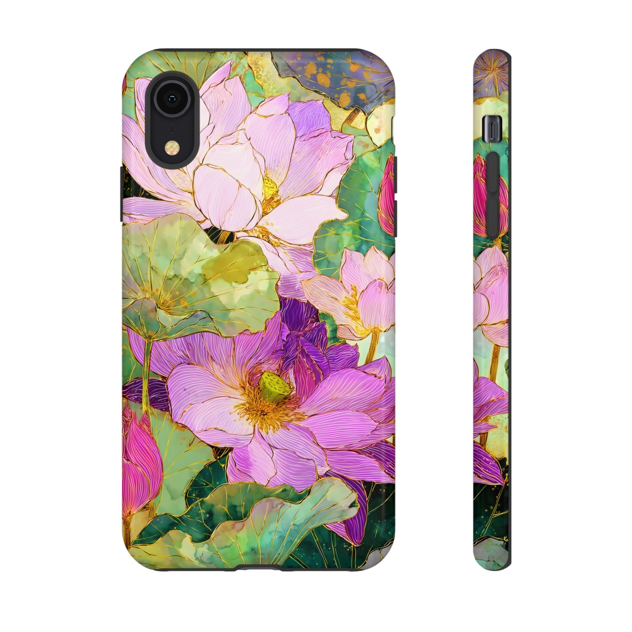 Floral Watercolor Tough iPhone Case | Pink Lotus Garden Protective Cover