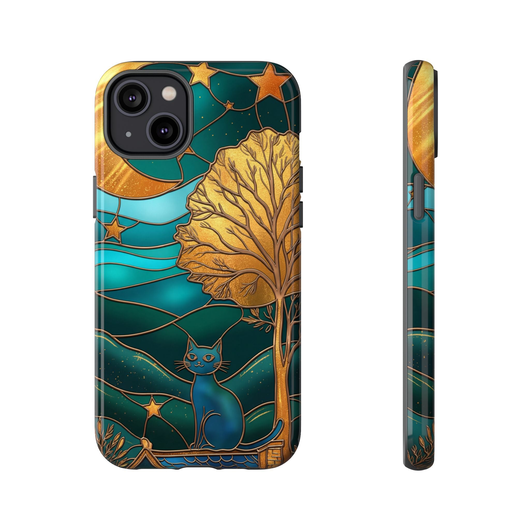 Stained Glass Cat Tough iPhone Case — Gold Tree & Starry Night Design