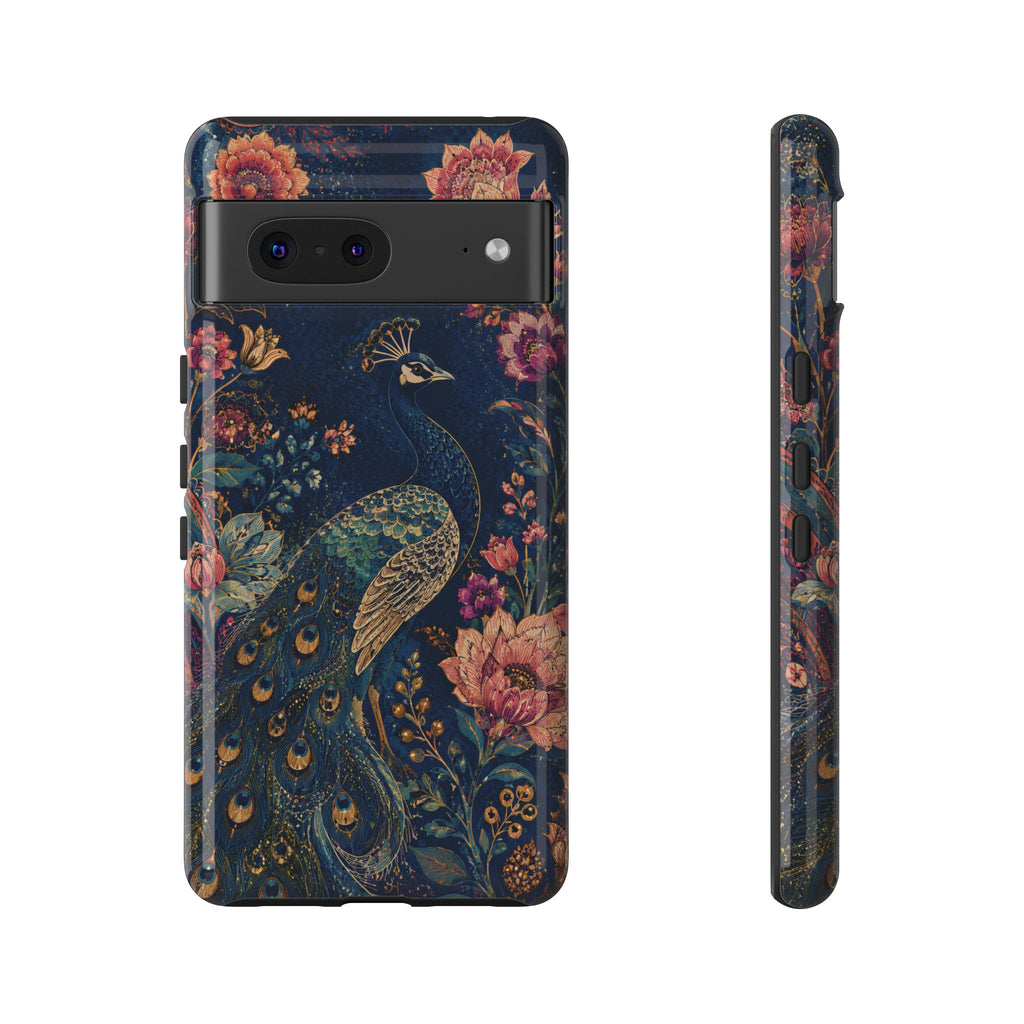 Peacock Floral Tough Google Pixel Phone Case | Antique Indigo Gold Art Cover