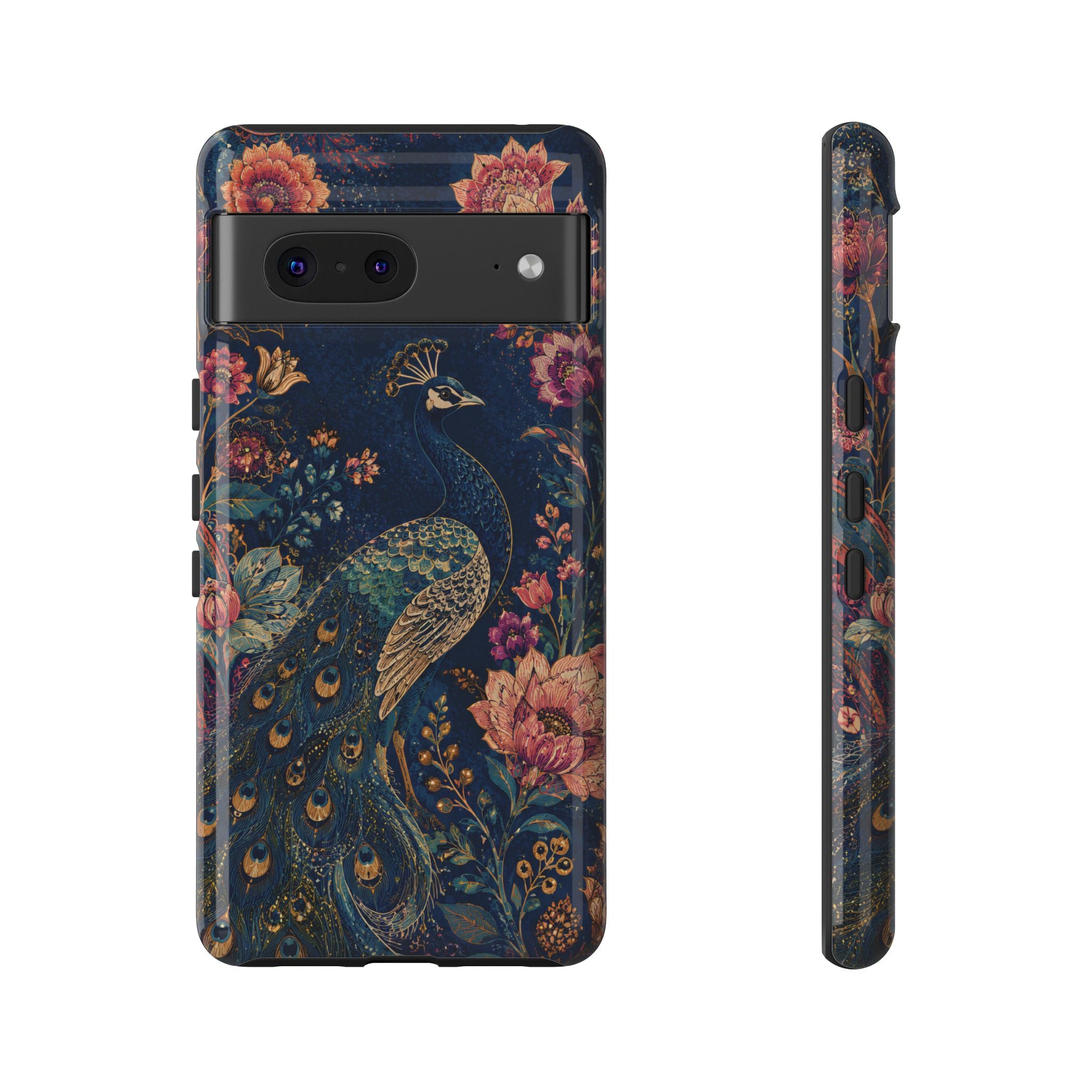 Peacock Floral Tough Google Pixel Phone Case | Antique Indigo Gold Art Cover
