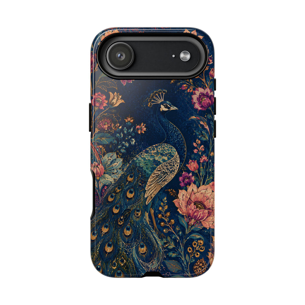 Peacock Floral Tough iPhone Case | Antique Indigo Gold Art Cover